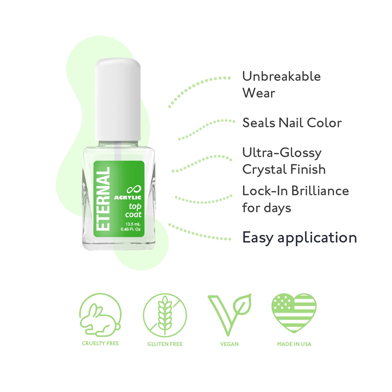 Eternal Acrylic Top Coat Nail Polish - 13.5mL Quick Dry Long Lasting No UV Lamp Needed - Chip Resistant & Glossy Finish for Women - 2 Pack - Perfect for Manicures, Salon Quality Nails at Home & Everyday Wear