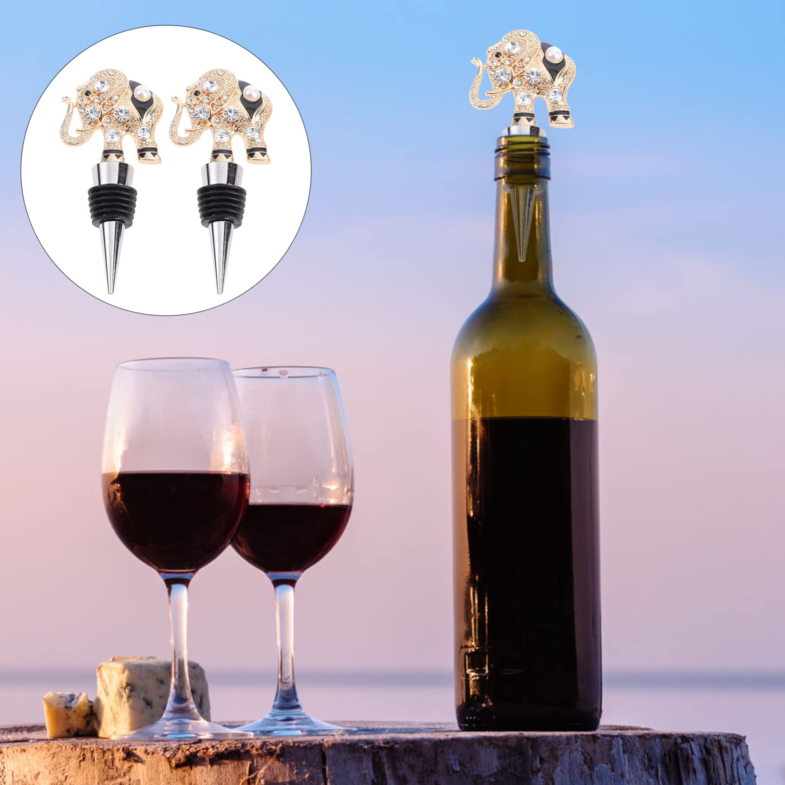 Premium Vacuum Wine Stoppers for Glass Bottles - Elegant Gem Pearls Elephant Design, Set of 2 - Perfect for Wine Preservation & Beverage Storage at Home or Parties