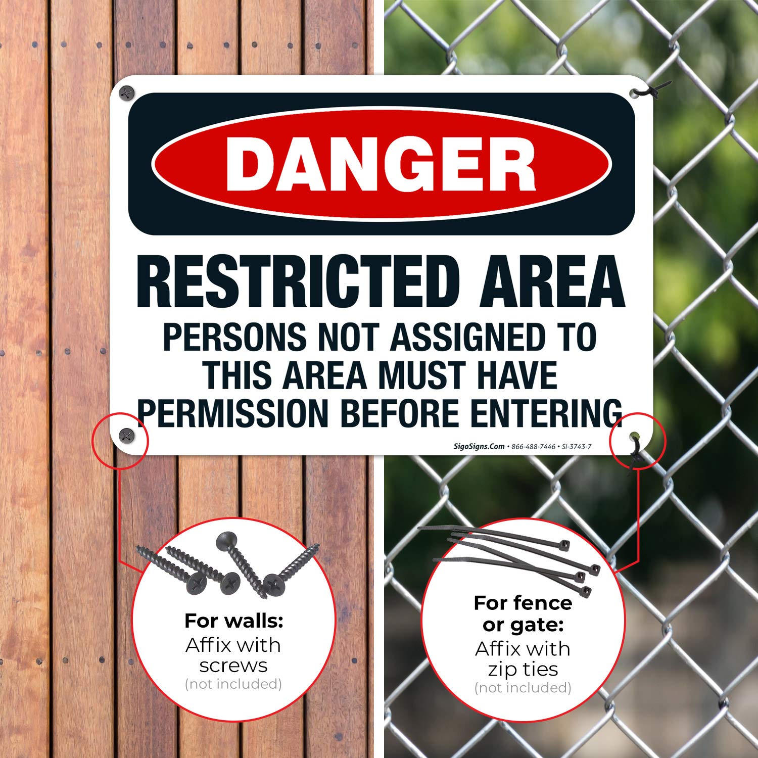 OSHA Danger Sign - Restricted Area Persons Not Assigned Must Have Permission - 10x7 Inches Rust-Free .040 Aluminum - Fade Resistant for Indoor/Outdoor Use - Made in USA - Perfect for Construction Sites, Warehouses & Industrial Facilities