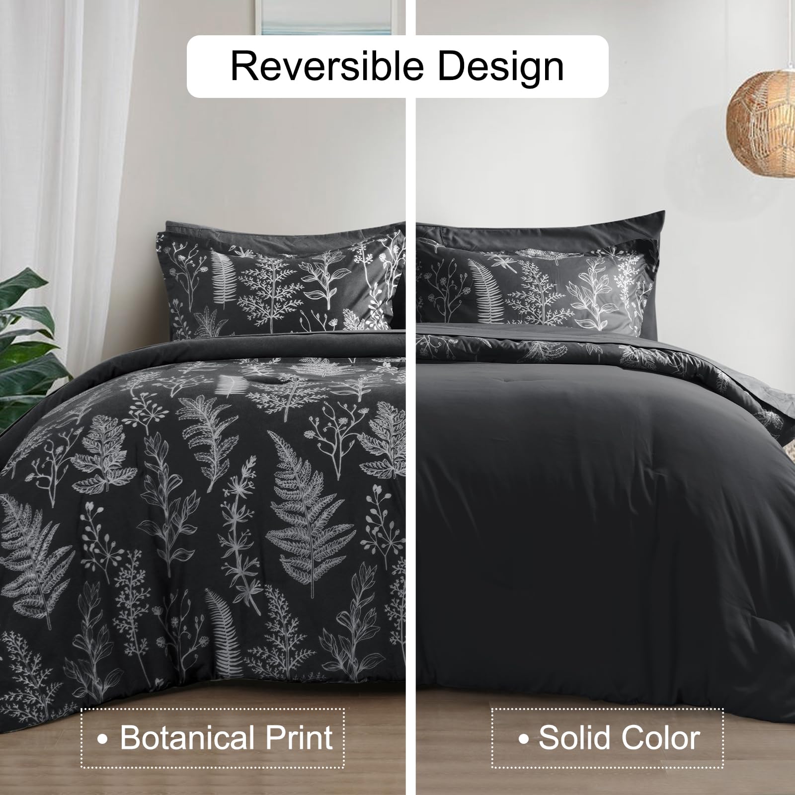 PHF 7-Piece Queen Comforter Set - Ultra Soft Reversible Botanical Bedding | Includes Comforter, Pillow Shams, Flat Sheet, Fitted Sheet & Pillowcases (Black) | Perfect for Master Bedroom, Guest Room & Cozy Home Decor