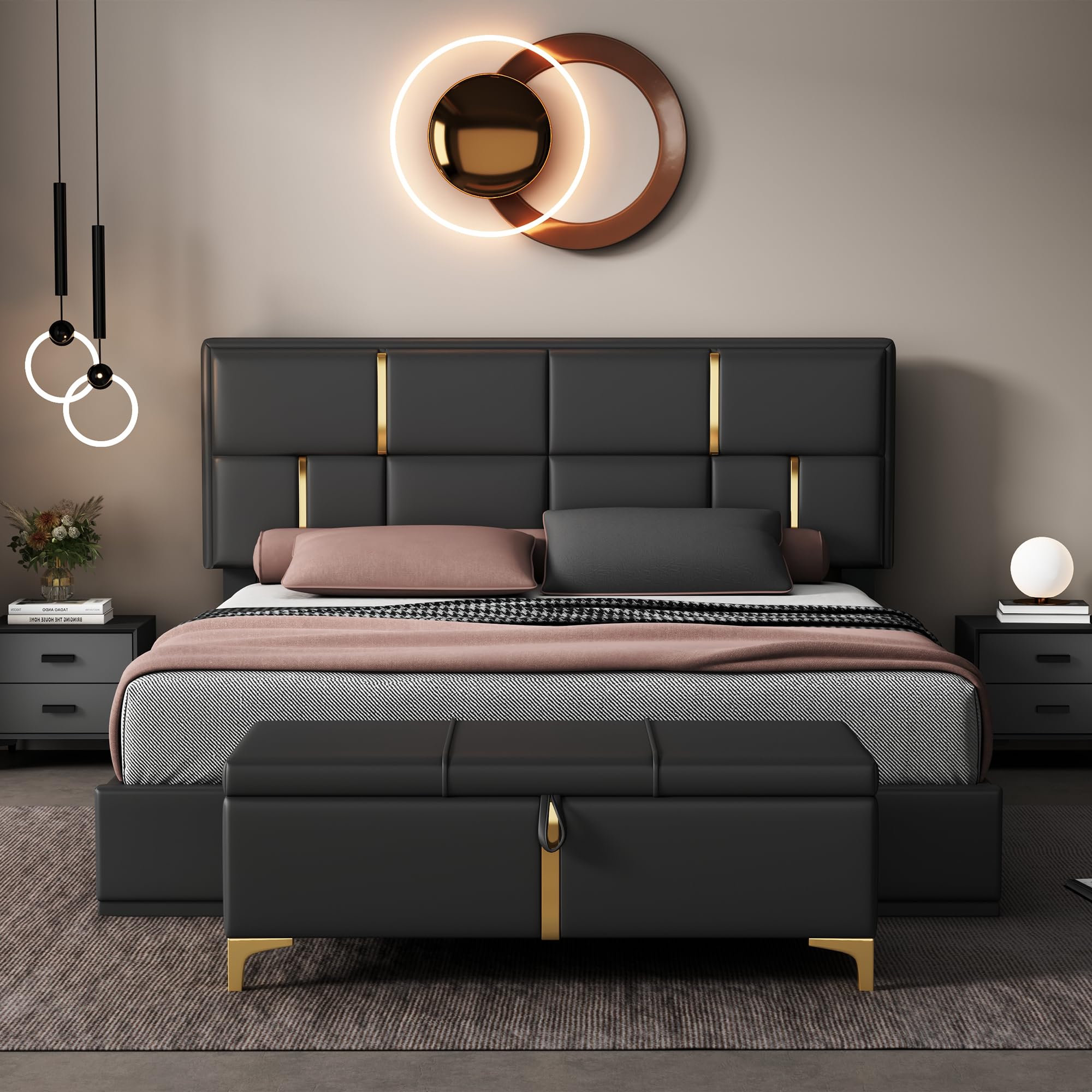 Queen Size 2-Piece Bedroom Set - PU Upholstered Platform Bed with Hydraulic Storage & Matching Ottoman - Wood Frame with Metal Legs for Kids, Teens & Adults - Perfect for Small Spaces & Guest Rooms (Black)