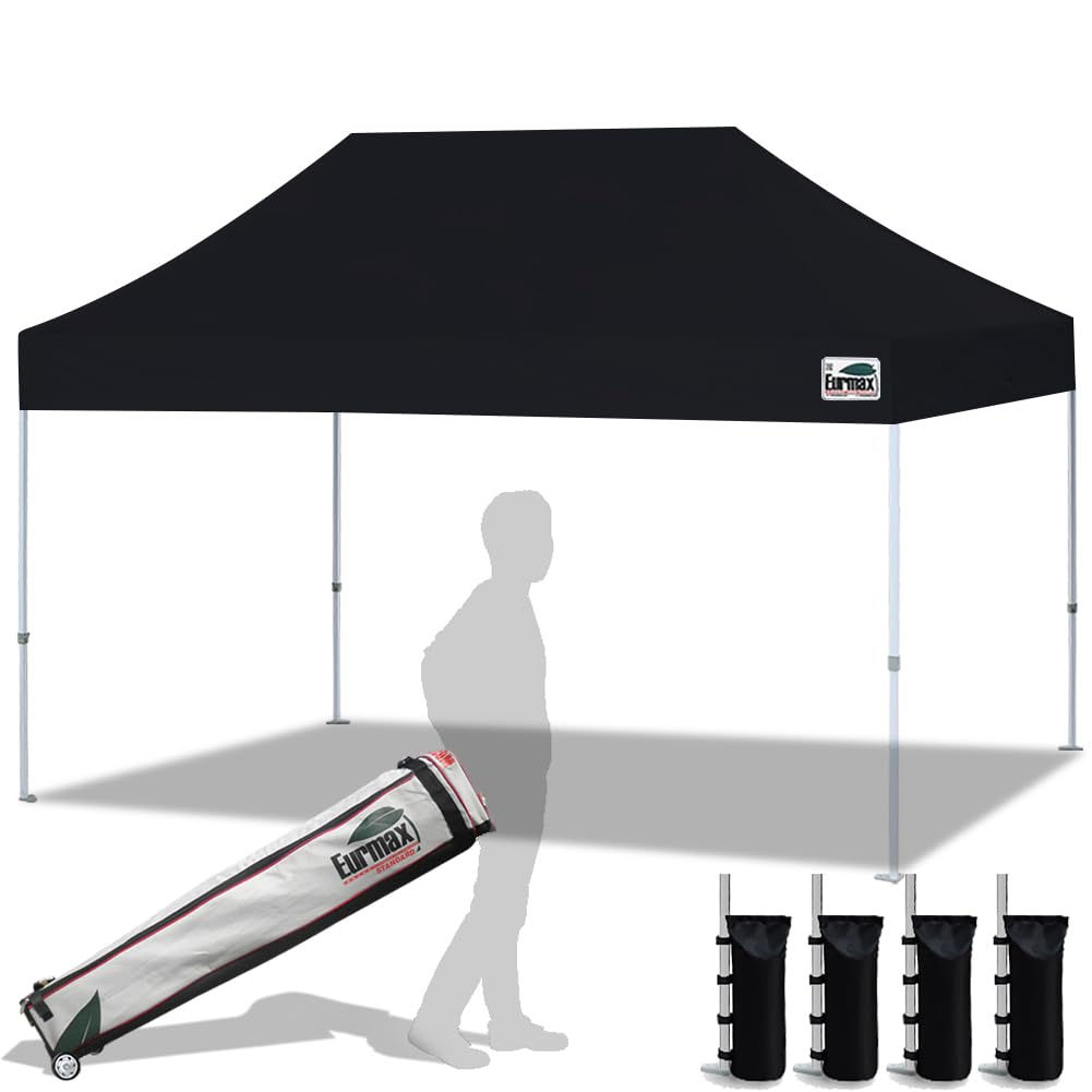 Eurmax USA 10'x15' Heavy Duty Commercial Pop Up Canopy Tent with Roller Bag & 4 Sand Weight Bags - Instant Shelter for Outdoor Events, Farmers Markets, Beach Parties & Tailgating (Black)