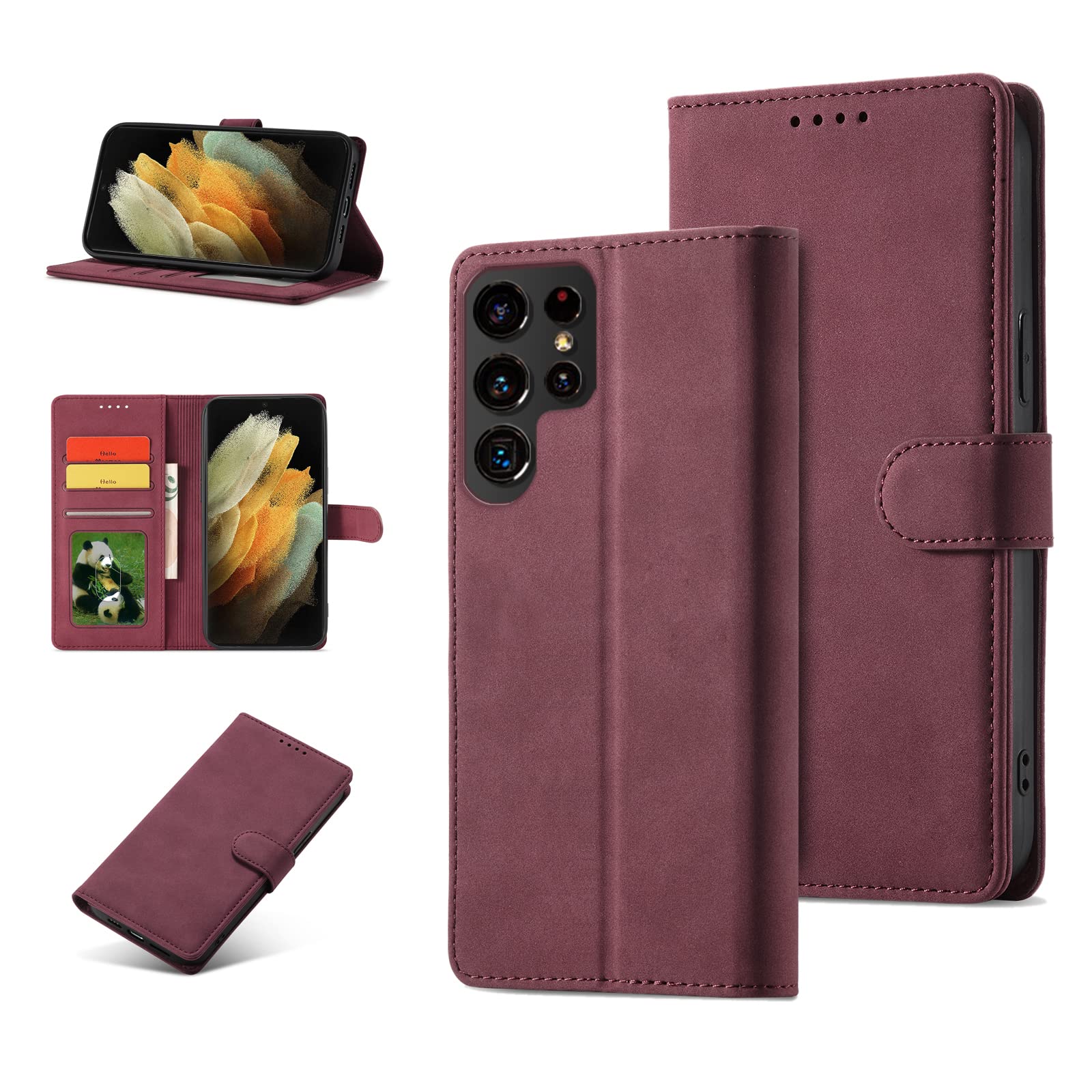 Samsung Galaxy S22 Ultra RFID Blocking Leather Wallet Case with Magnetic Flip Cover & Card Holders - Slim Protective Clear Silicone Cover for Men & Women (Red) | Perfect for Business Travel, Daily Commute & Contactless Payments