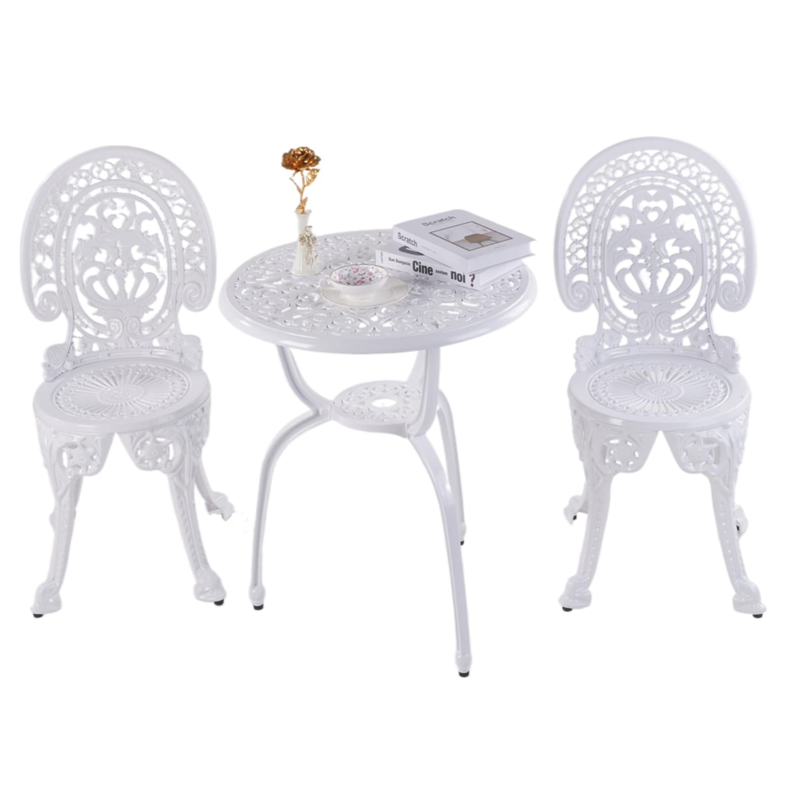 KAILI 3-Piece Patio Bistro Set - Cast Aluminum Outdoor Furniture with Rust-Proof White Metal Table & Chairs for Garden, Balcony, or Backyard Dining (Crown-White)