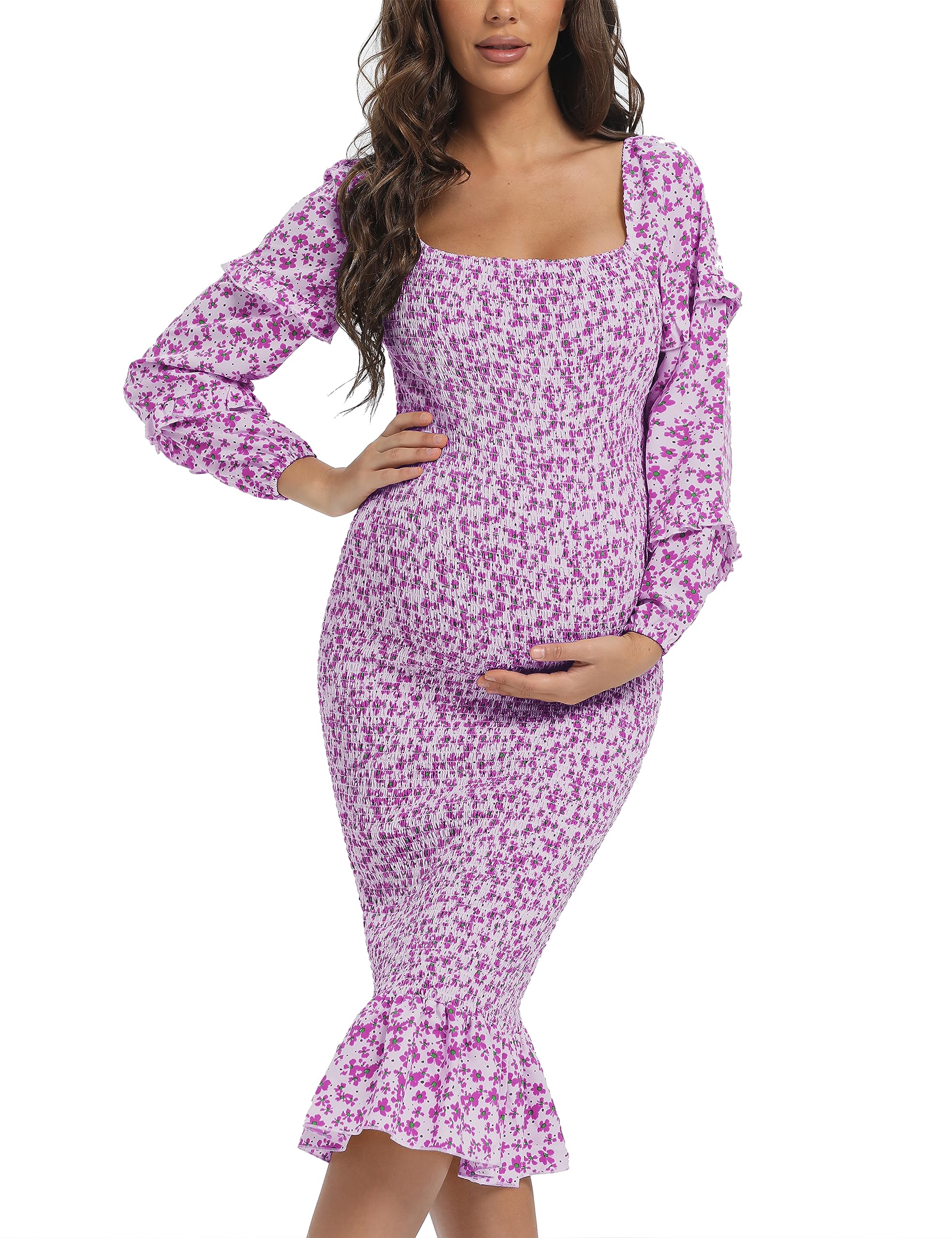 Elegant Spring Maternity Dress with Long Puff Sleeves & Floral Ruffle Hem - Stretchy Mermaid Style for Baby Showers, Photoshoots & Special Occasions