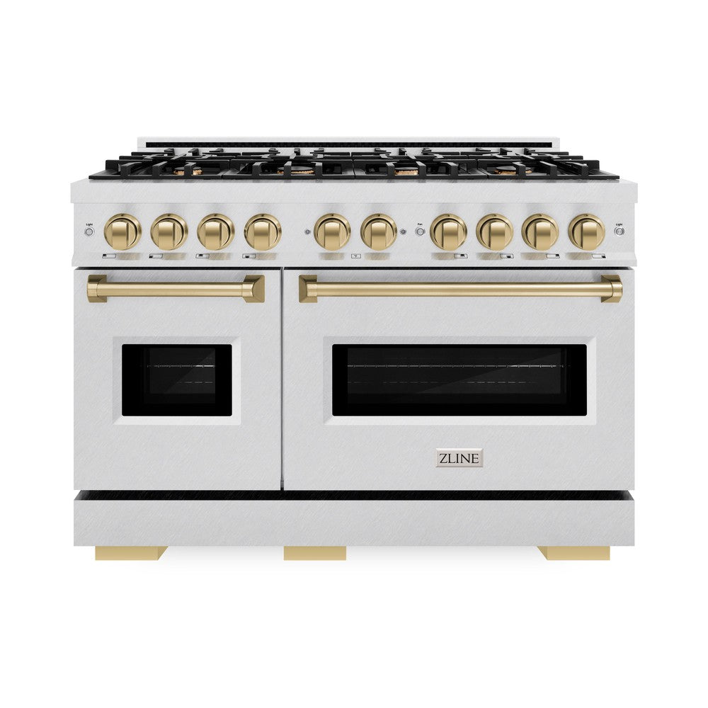 ZLINE Autograph Edition 48-inch 6.7 cu. ft. Classic Double Oven Gas Range with 8 Burner Cooktop in Satin Stainless Steel and Champagne Bronze Accents - Perfect for Large Kitchens, Home Chefs & Entertaining (CGRSZ 48 CB)
