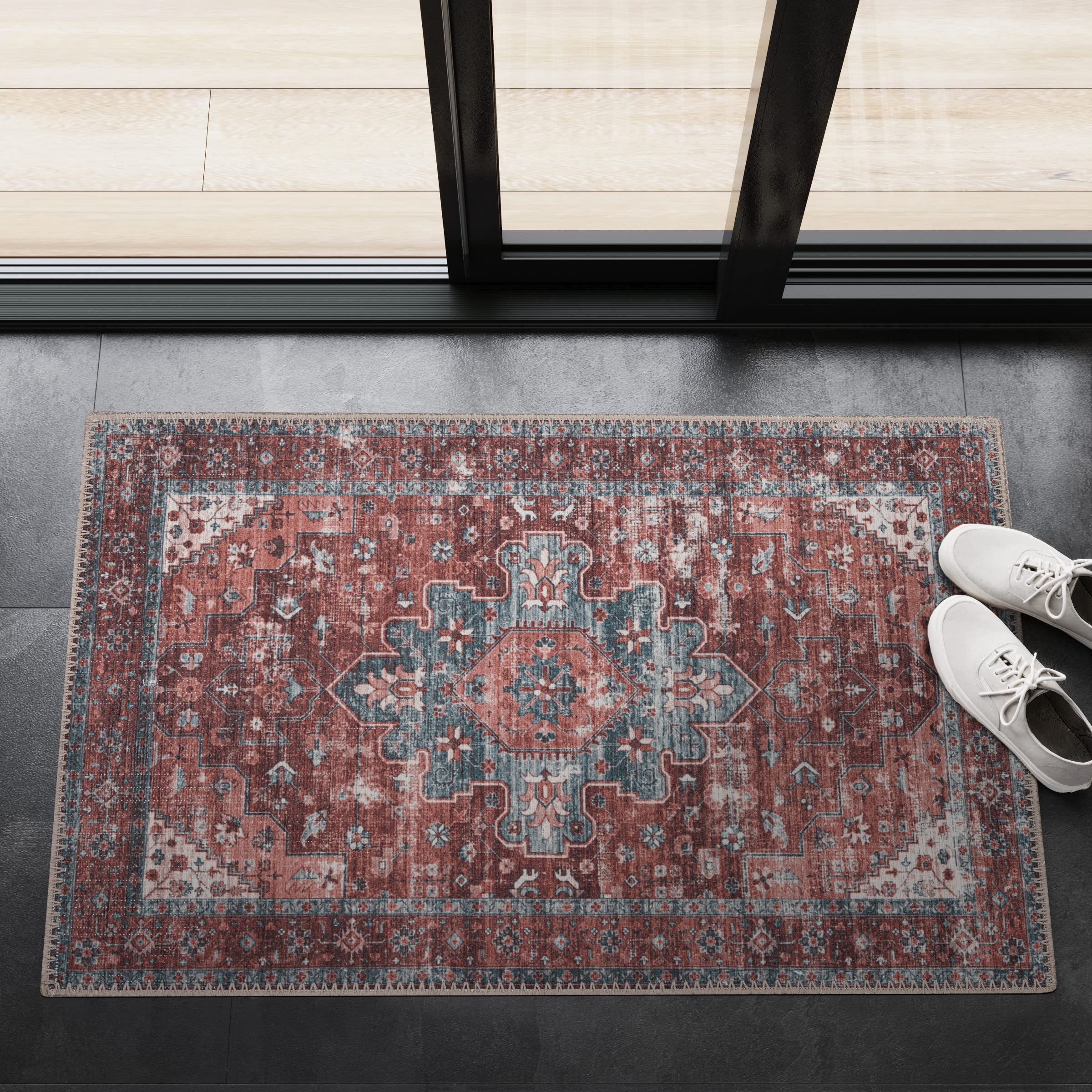 **Adiva Rugs Machine Washable Non-Slip Area Rug – Vintage Persian Print Floor Carpet for Living Room, Bedroom, Bathroom & Kitchen – Home Decor Mat (Terra, 2' x 3') – Perfect for Cozy Spaces & High-Traffic Areas**