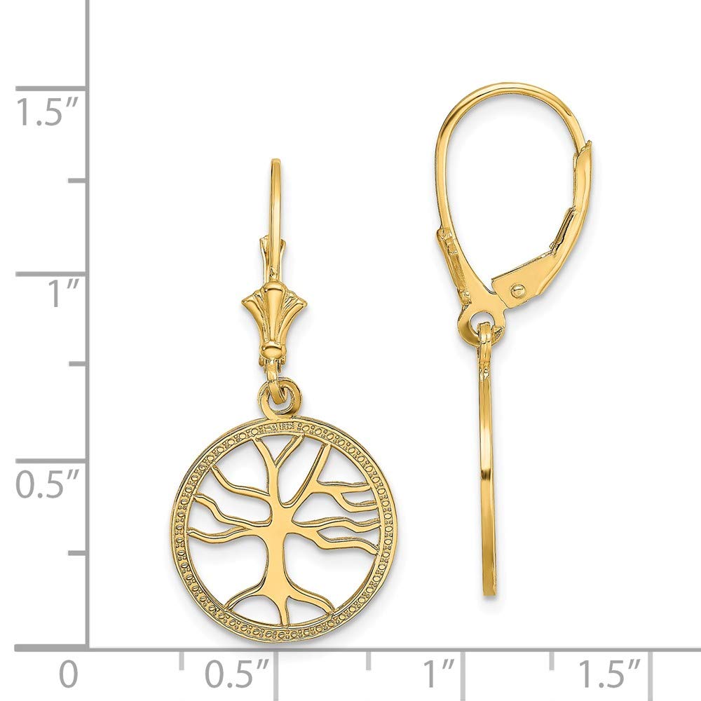 14K Yellow Gold Tree of Life Round Frame Leverback Earrings - Elegant Cut-Out Design for Women, Perfect for Weddings, Parties & Everyday Wear