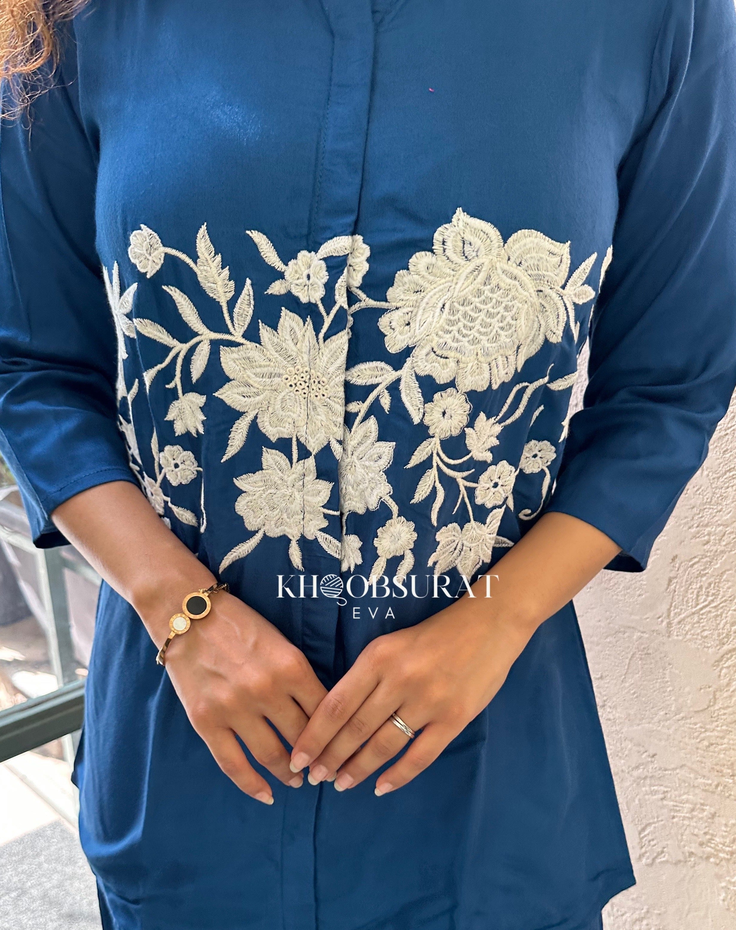 Doris Blue Festive Matching Outfit Set for Women | Stylish Party Wear & Holiday Outfit | Perfect for Christmas, New Year & Special Occasions