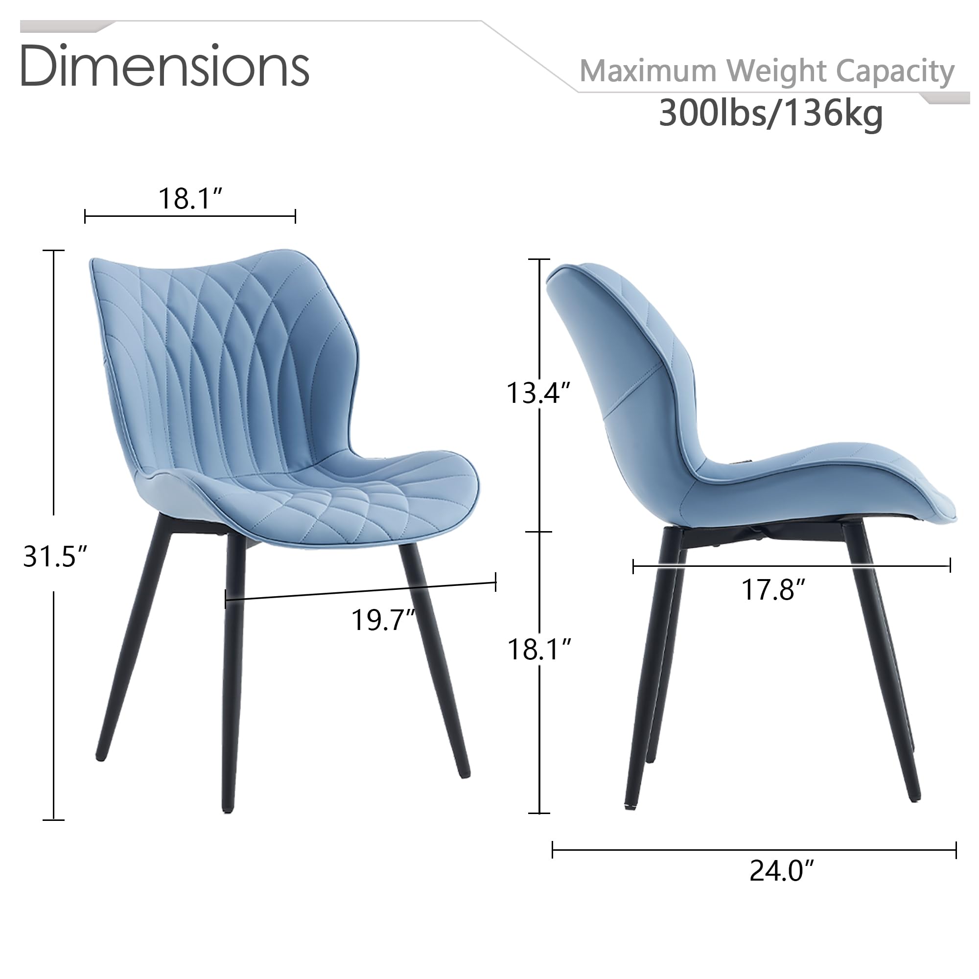 Kidol & Shellder Modern Dining Chairs Set of 2 - PU Leather Upholstered Kitchen Side Chairs with Thick Cushions & Sturdy Metal Legs in Blue - Perfect for Dining Room, Kitchen Island, and Breakfast Nook