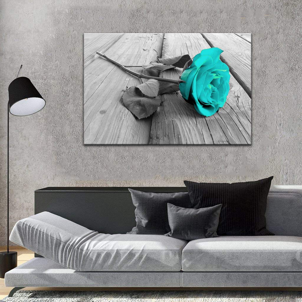 Modern Floral Canvas Wall Art - Black White Teal Rose Flower on Grey Wooden Board, Stretched & Framed Ready to Hang | Home Decor for Living Room, Bedroom, Bathroom | Perfect for Farmhouse, Boho & Contemporary Interior Design