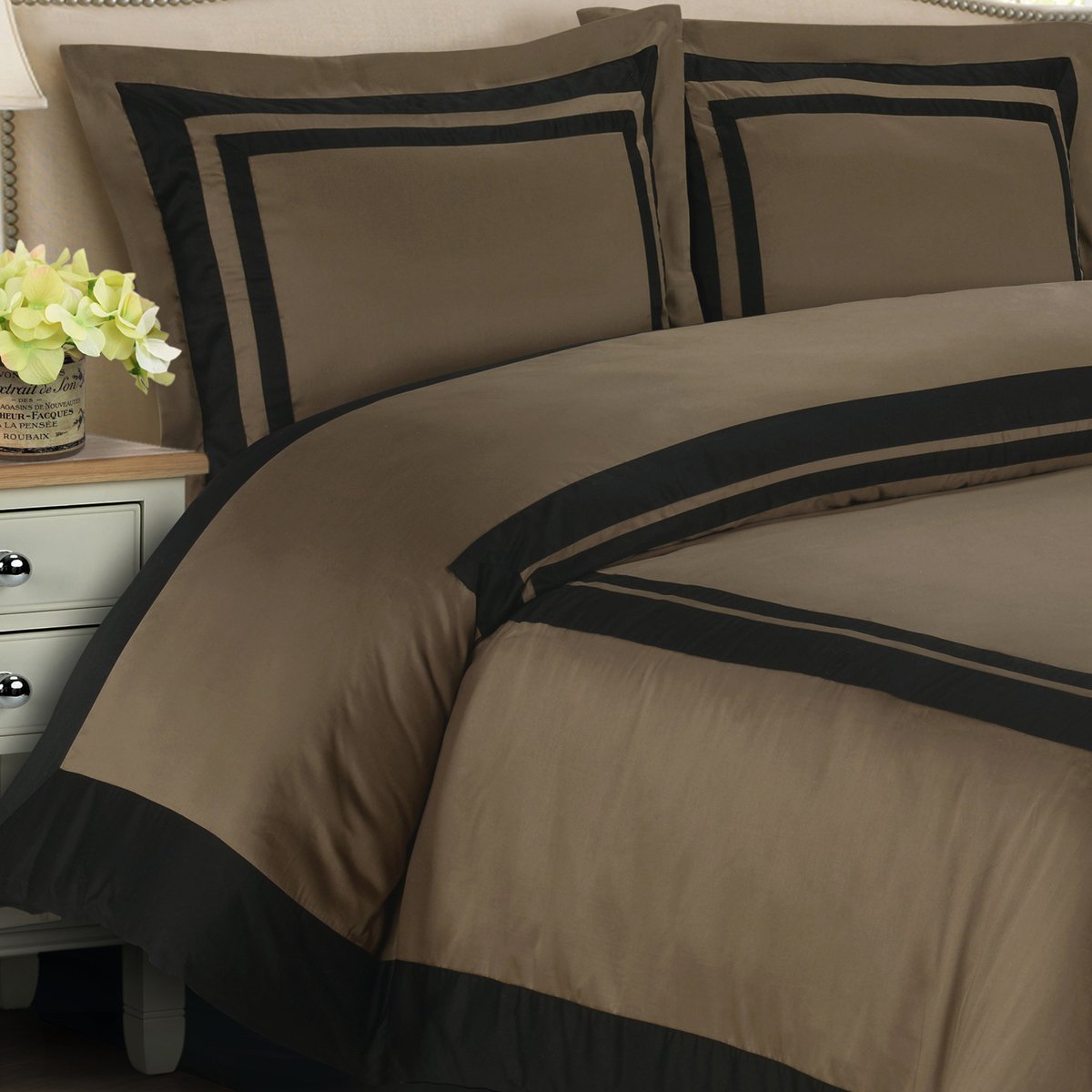 4PC Full/Queen Size Bedding Set - 300 Thread Count Hotel Luxury Taupe & Black Duvet Cover + White Down Alternative Comforter - Soft & Breathable Bed Sheets for Cozy Sleep - Perfect for Master Bedroom, Guest Room & Vacation Homes