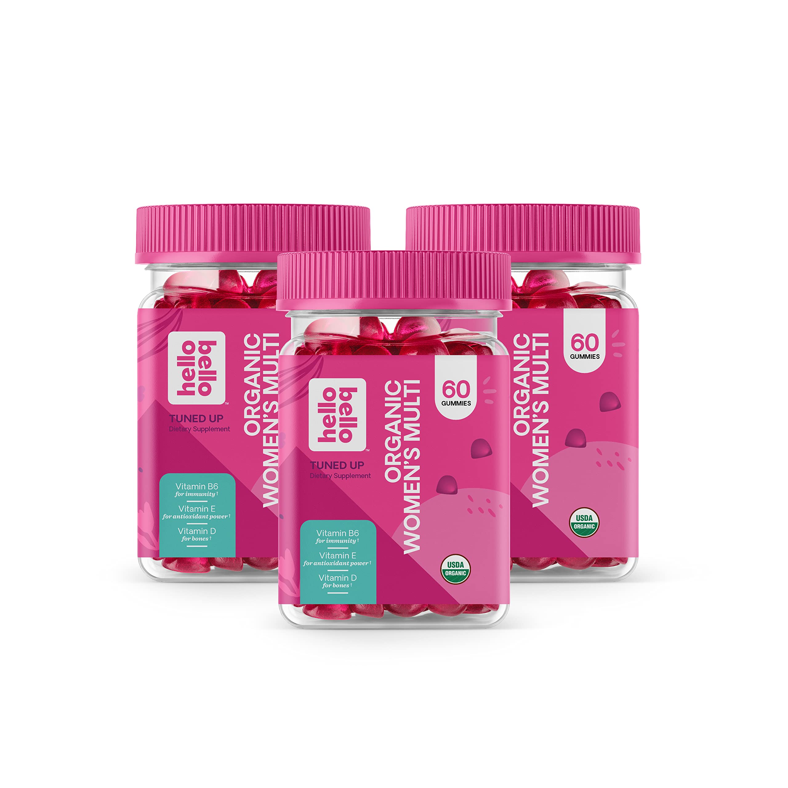 Hello Bello Organic Women's Multivitamin Gummies - Gluten-Free, Vegan Gummy Vitamins with A, D, C, E, Biotin & Folic Acid (180 Count, 3 Packs of 60) - Daily Immune Support & Energy Boost for Active Women