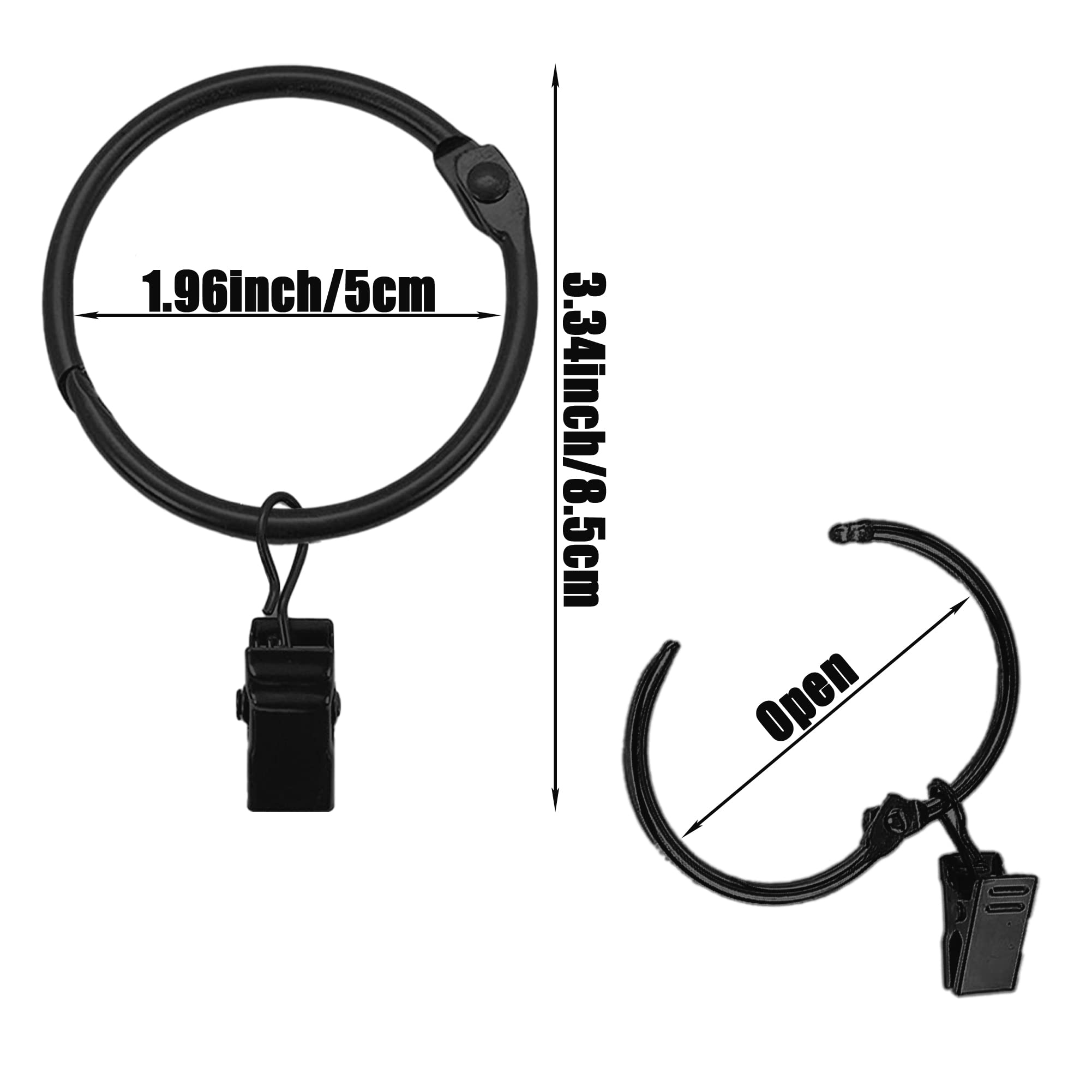 2 Inch Black Metal Openable Curtain Rings with Clips - 18 Pack for Window Curtain Rod Hooks & Hangers - Perfect for Living Room, Bedroom, and Home Decor