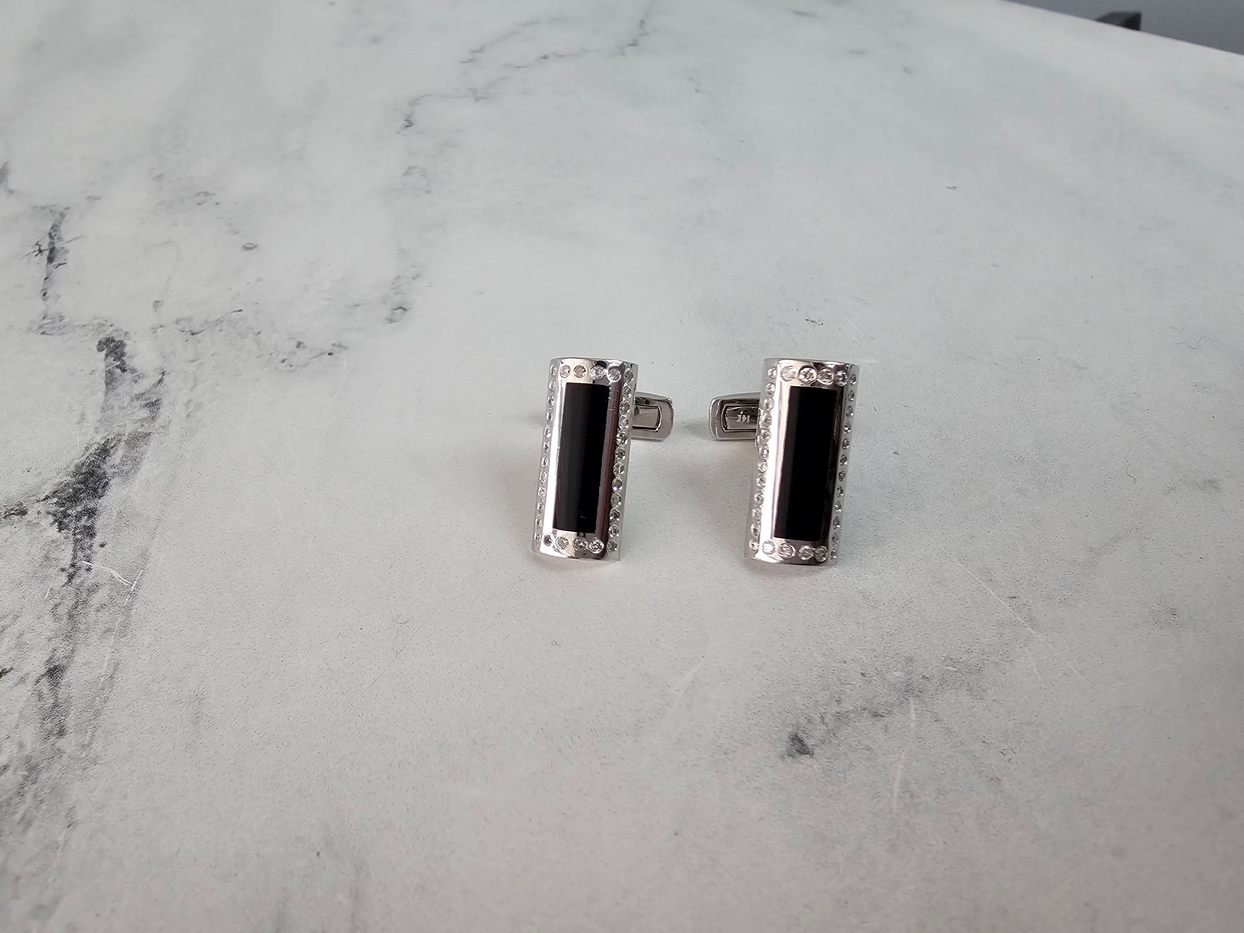 14k White Gold Rectangular Onyx & Diamond Cufflinks for Men - Elegant Wedding, Formal & Business Attire Accessories