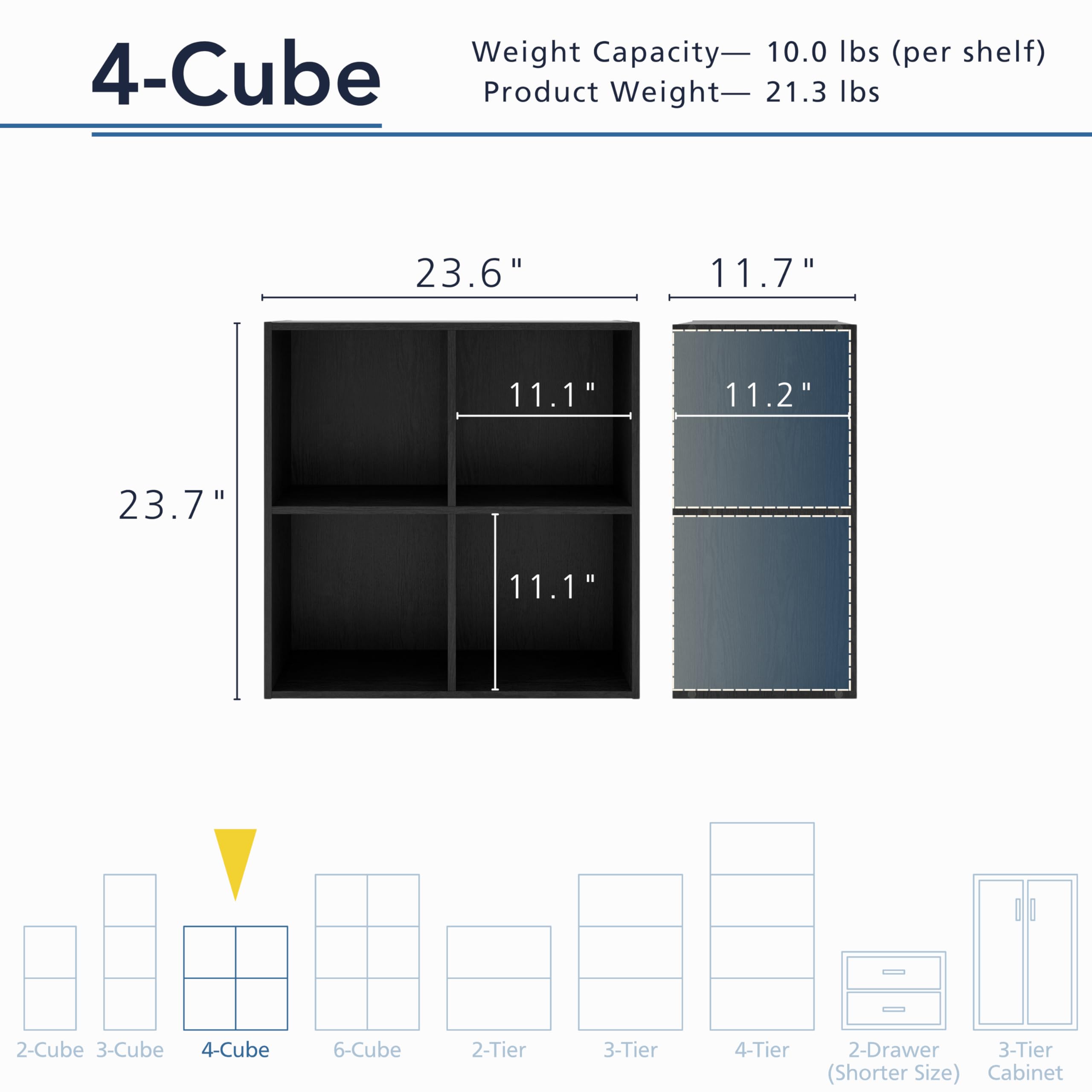 Apexa 4 Cube Storage Organizer Shelves - Stackable Wood Bookcase with Cubby Bins for Home Organization, Dorm Room Decor & Office Storage - Black | Perfect for Teen Bedrooms, Living Room & Closet Organization