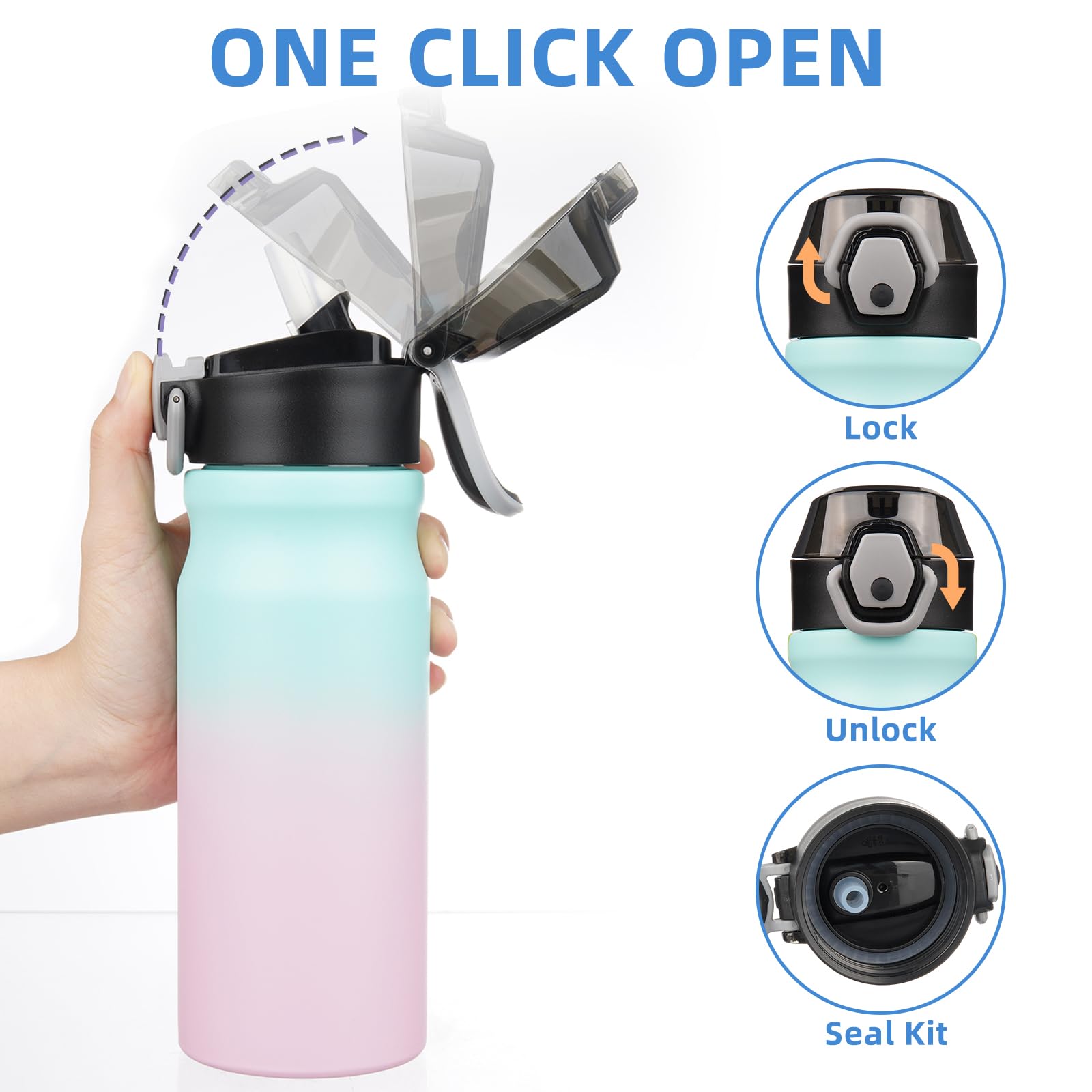 **BJPKPK 18oz Insulated Stainless Steel Water Bottle with Straw - Double Wall, BPA-Free, Leak Proof, Lockable Flip Lid & Soft Silicone Spout - Perfect for Gym, Hiking, Travel & School (Bubble Gum)**