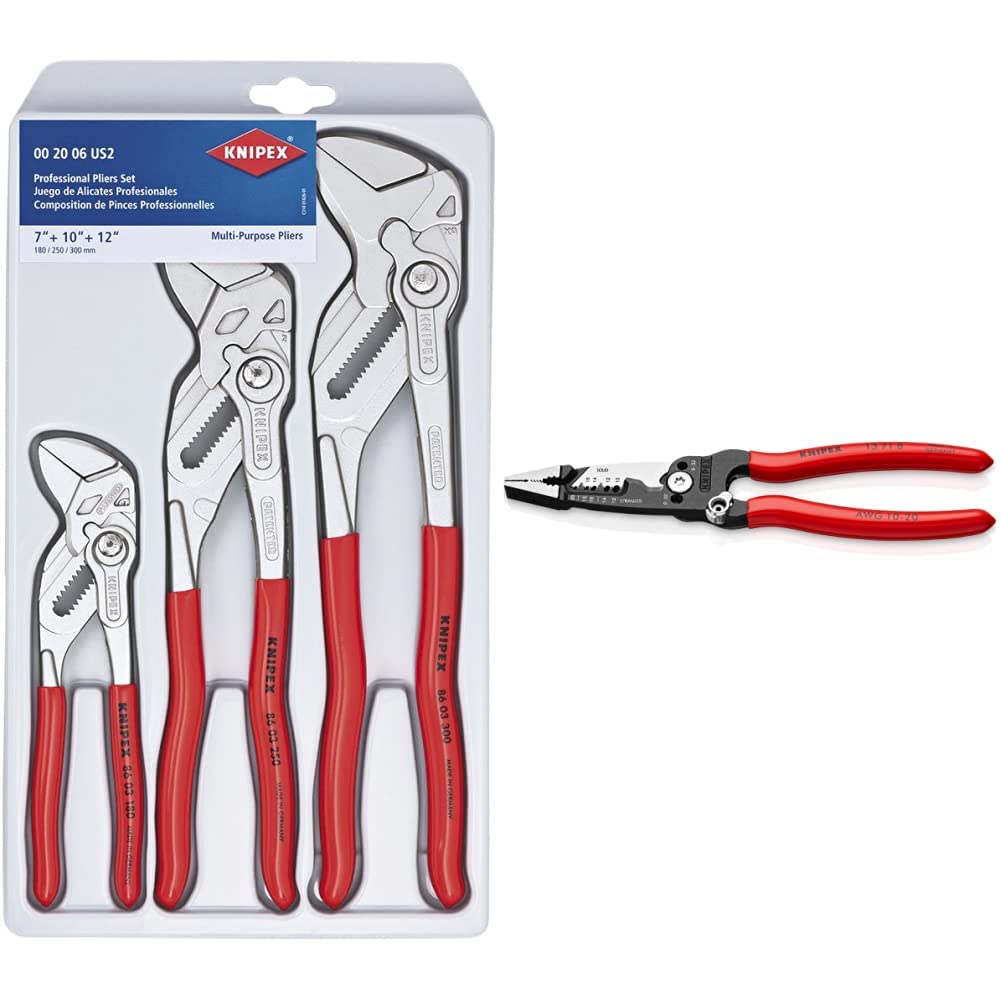 KNIPEX Pliers Wrench 3-Piece Set with Forged Wire Stripper - Professional Plumbing & Electrical Tool Kit for Home Repair and DIY Projects