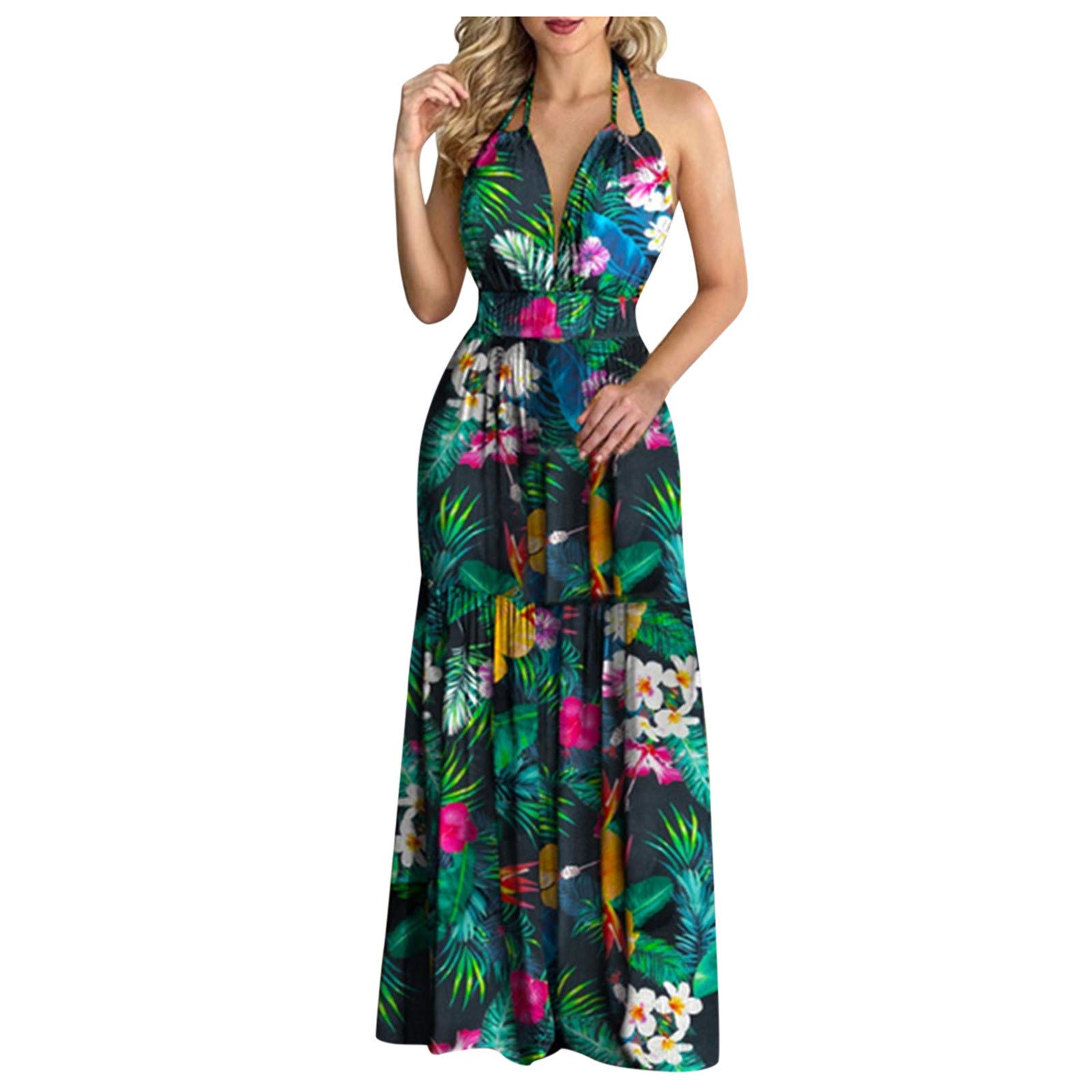 Vintage Floral Print Women's Sleeveless Halter Neck Maxi Dress - Casual Loose Beach Dress for Summer Vacation, Pool Party & Boho Fashion