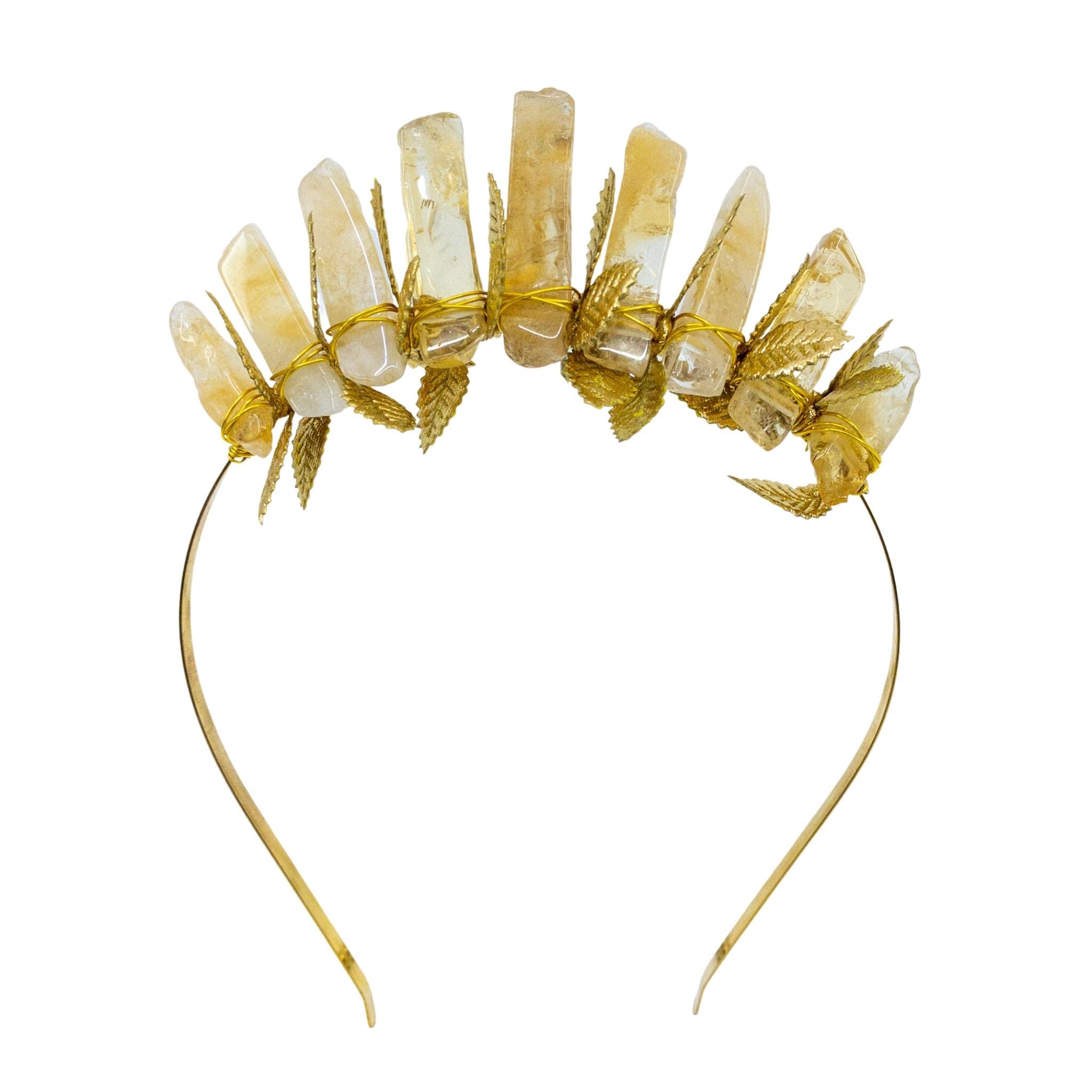 Mini Citrine Crystal Crown Tiara with Gold Leaf - Appalachian Gems Bridal Headpiece for Weddings, Witches, Photoshoots & Halloween | Boho Wedding Accessory, Festival Jewelry, Cosplay Costume Prop