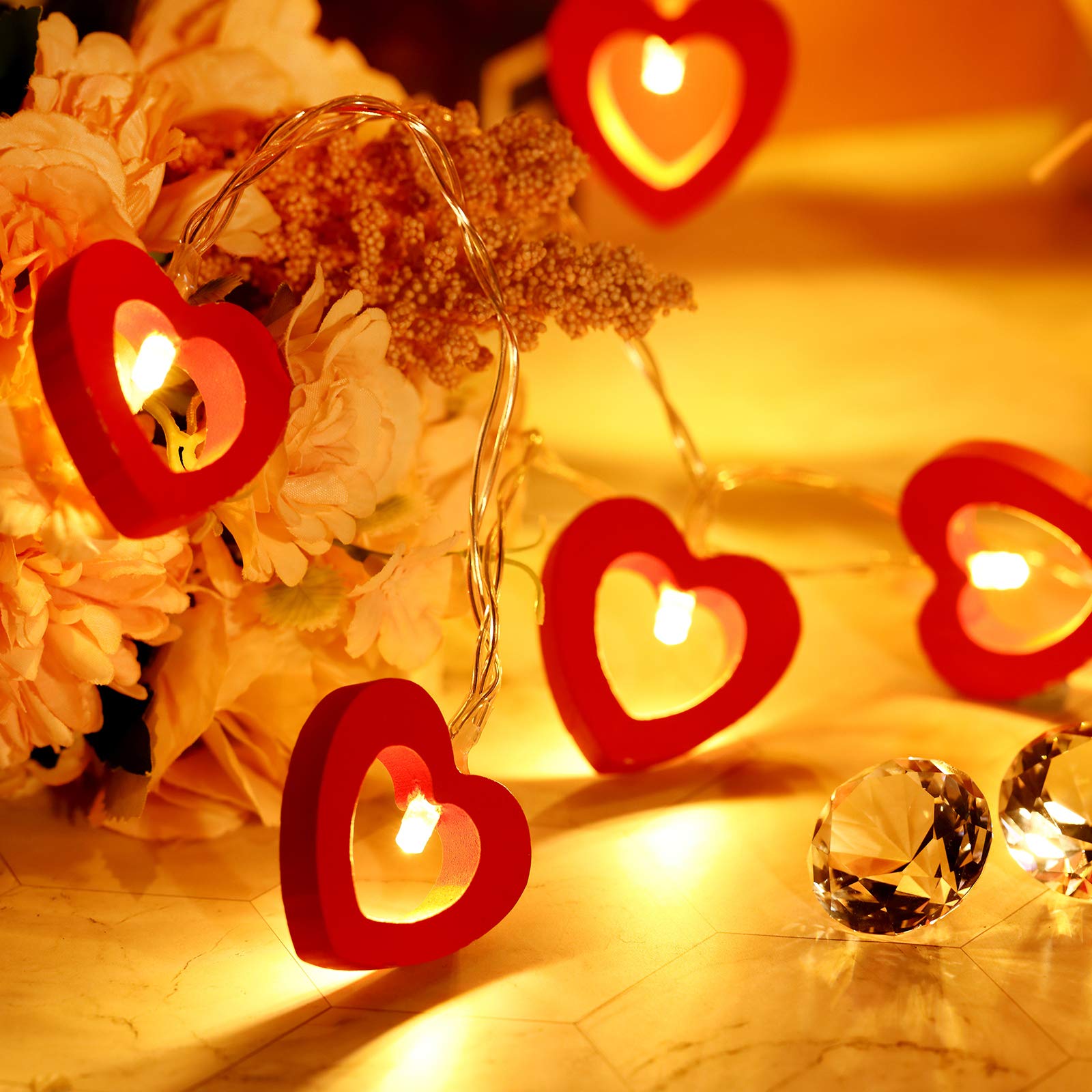 Valentine's Day LED Wooden Heart String Lights - 20 Warm White Battery Operated Fairy Lights for Bedroom, Wedding, Birthday Party & Romantic Decor - Waterproof Hanging Love Lamp (Red) | Perfect for Indoor/Outdoor Valentine's Day, Anniversary & Holiday Decorations