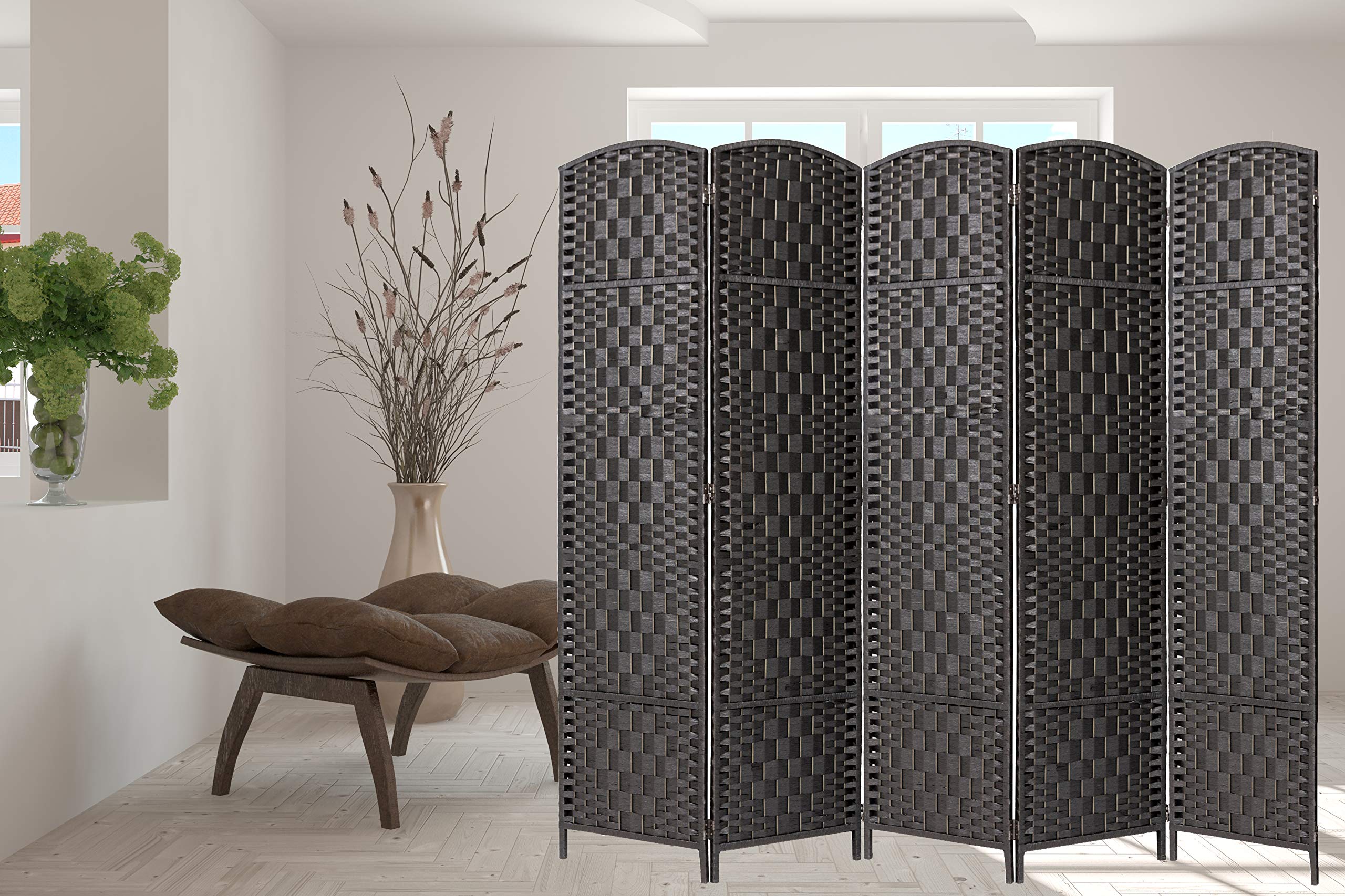 Legacy Decor 5-Panel Weaved Bamboo Fiber Room Divider Privacy Screen - 5.9 ft Height x 7.3 ft Width - Black - Perfect for Home, Office, and Outdoor Space Partition