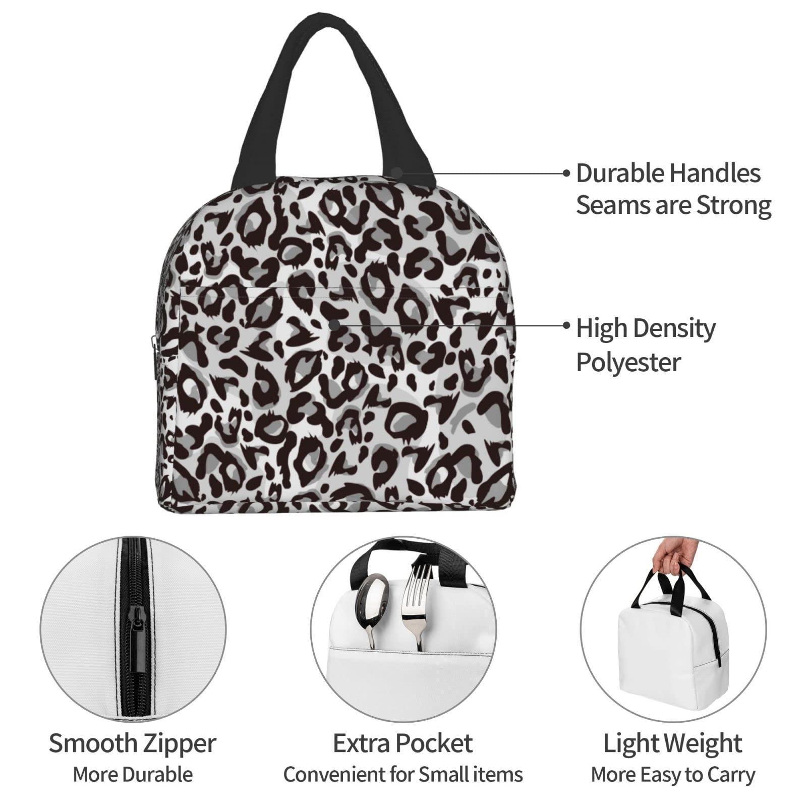 Insulated Lunch Box Grey Leopard Print - Reusable Thermal Lunch Bag for Men & Women | Portable Meal Container for Work, Travel, Picnic & Outdoor Activities