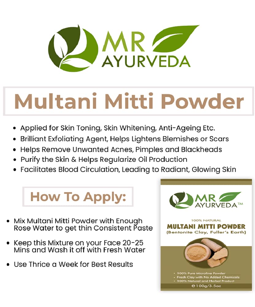 MR Ayurveda 100% Organic Multani Mitti Powder (Fuller's Earth Clay) - 100g | Natural Face Mask for Glowing Skin, Deep Cleansing Hair Treatment & Acne Relief | Perfect for DIY Beauty, Spa Days & Ayurvedic Skincare Routines