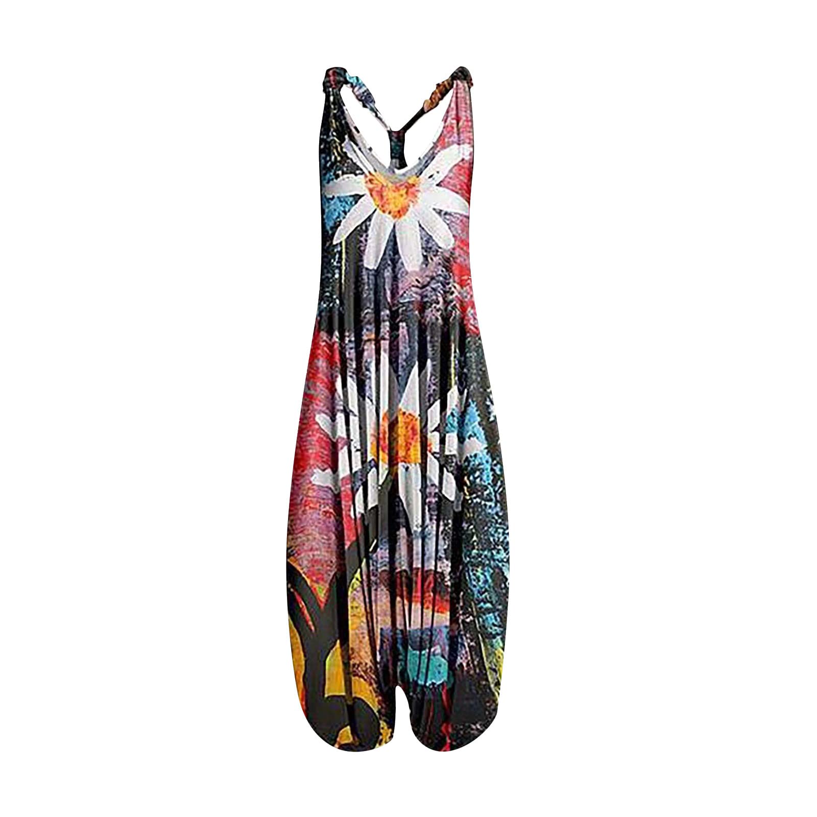 Plus Size Jumpsuits for Women - Vintage Boho Print Racerback Romper with Spaghetti Straps | Casual Summer Sleeveless Outfit for Beach, Vacation & Streetwear
