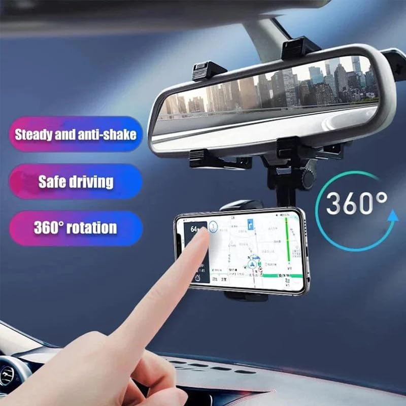 360° Rotatable Car Phone Holder for Rearview Mirror - Universal Multifunctional Phone Mount for All Smartphones - Perfect for GPS Navigation, Hands-Free Calls & Safe Driving (Black)