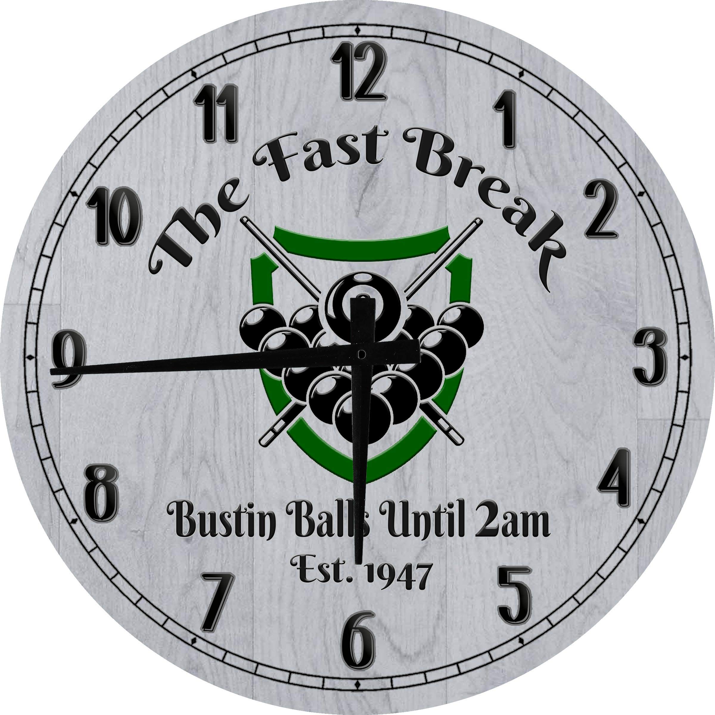 Fast Break Pool Large Round Wood Wall Clock - 18 Inch Gray - Perfect for Game Room, Sports Bar, and Man Cave Decor
