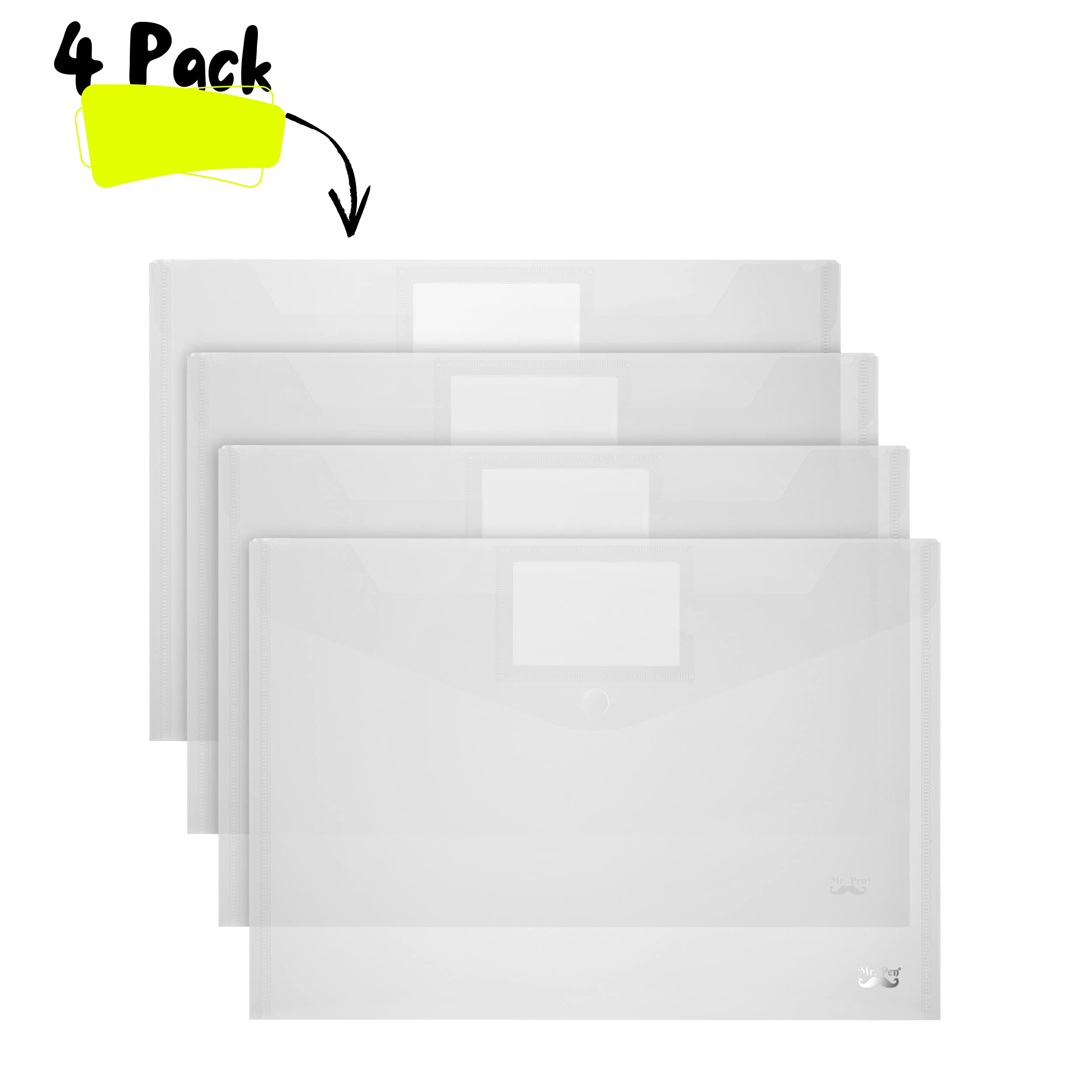 Mr. Pen Clear Plastic Envelopes - 4 Pack A4 Letter Size Snap Closure Poly Envelopes | Waterproof Document Holders for School, Office & Mailing | Folders for Papers, Photos & Important Documents