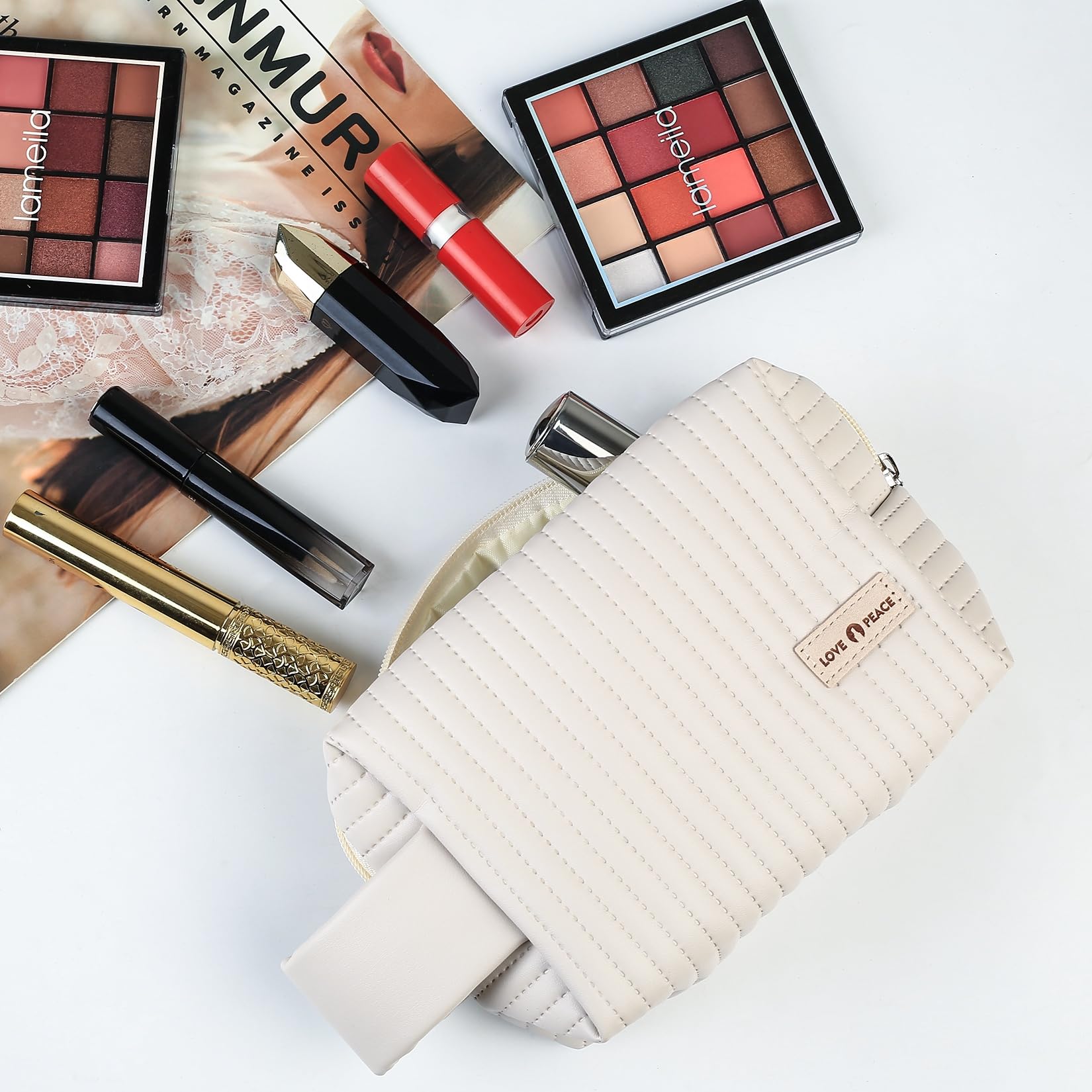 Small Makeup Bag for Women - PU Leather Striped Waterproof Cosmetic Pouch with Handle, Travel Toiletry Organizer | Perfect for Travel, Gym & Daily Essentials (Beige)