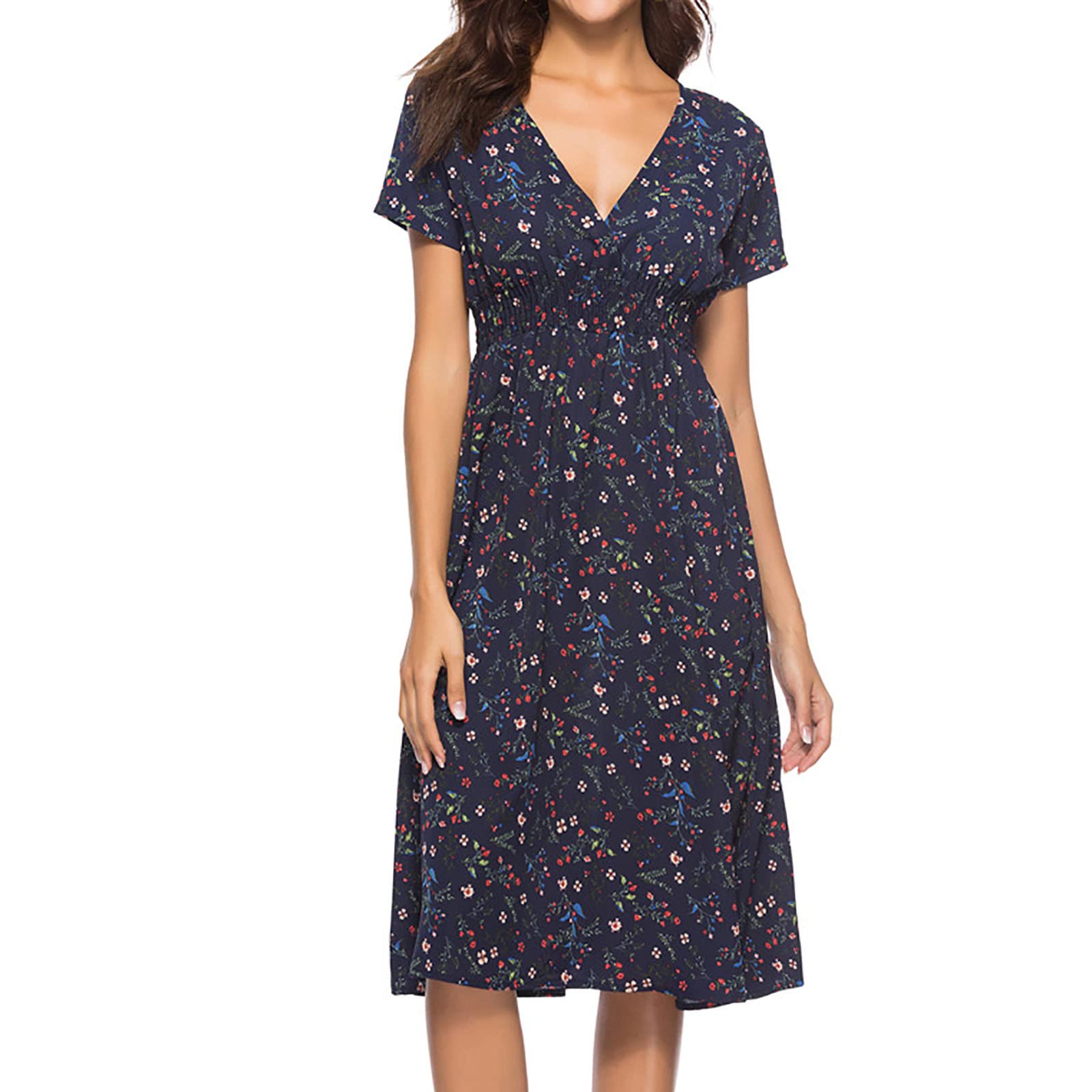 Boho Floral Print Maxi Dress for Women - V-Neck Short Sleeve Beach Dress with Side Slit & Pleated Hem | Perfect for Summer Vacations, Beach Parties & Casual Outings