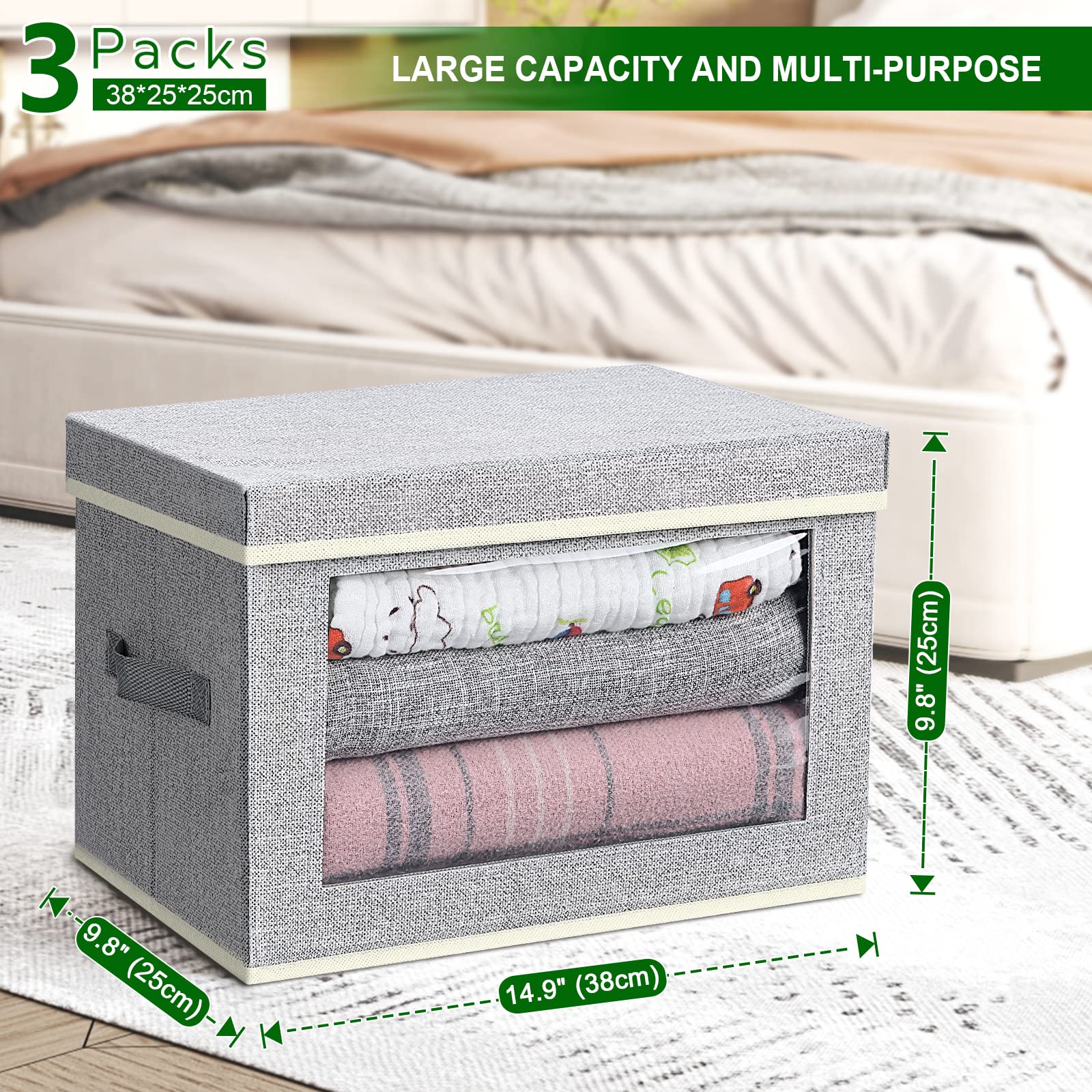 Foldable Fabric Storage Bins with Lids - 3 Pack Organizer Cubes with Clear Window for Shelves & Closets | Perfect for Towels, Clothes, Toys & Office Supplies | Space-Saving Home Organization Solution for Bedroom, Nursery & Dorm Rooms
