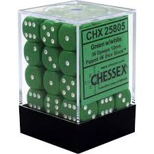 Chessex 36-Piece D6 Dice Set - 12mm Green Opaque with White Pips for Tabletop RPGs, Board Games & Dungeons & Dragons (D&D)