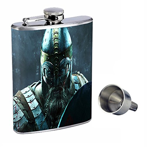 8oz Stainless Steel Whiskey Flask with Free Funnel - Premium Viking Design for Outdoor Adventures, Camping & Gifts | D-006