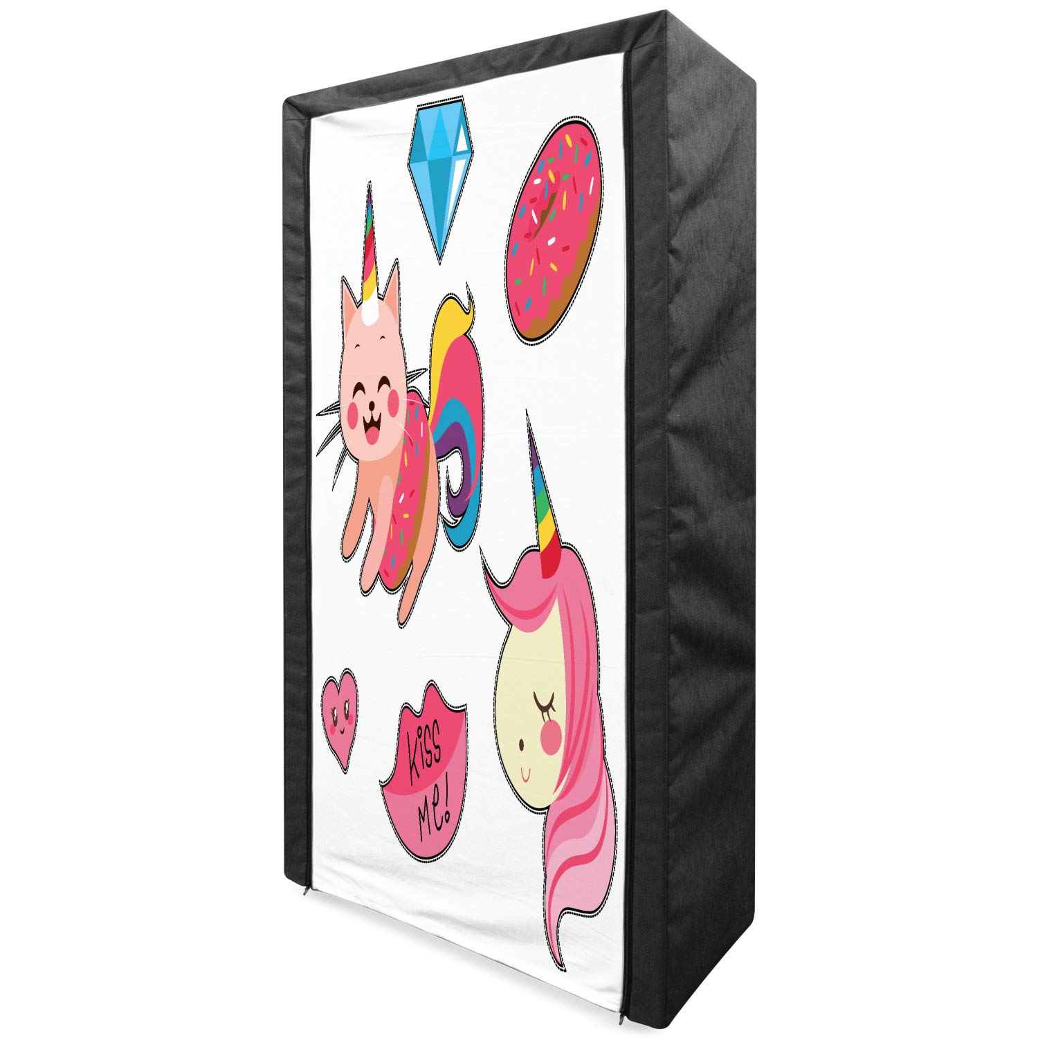 Ambesonne Unicorn Cat Fabric Wardrobe for Girls - Portable Clothing Organizer with Shelves, 33.5 Inch Pink Multicolor Storage Closet - Perfect for Bedroom, Dorm, or Kids Room Organization