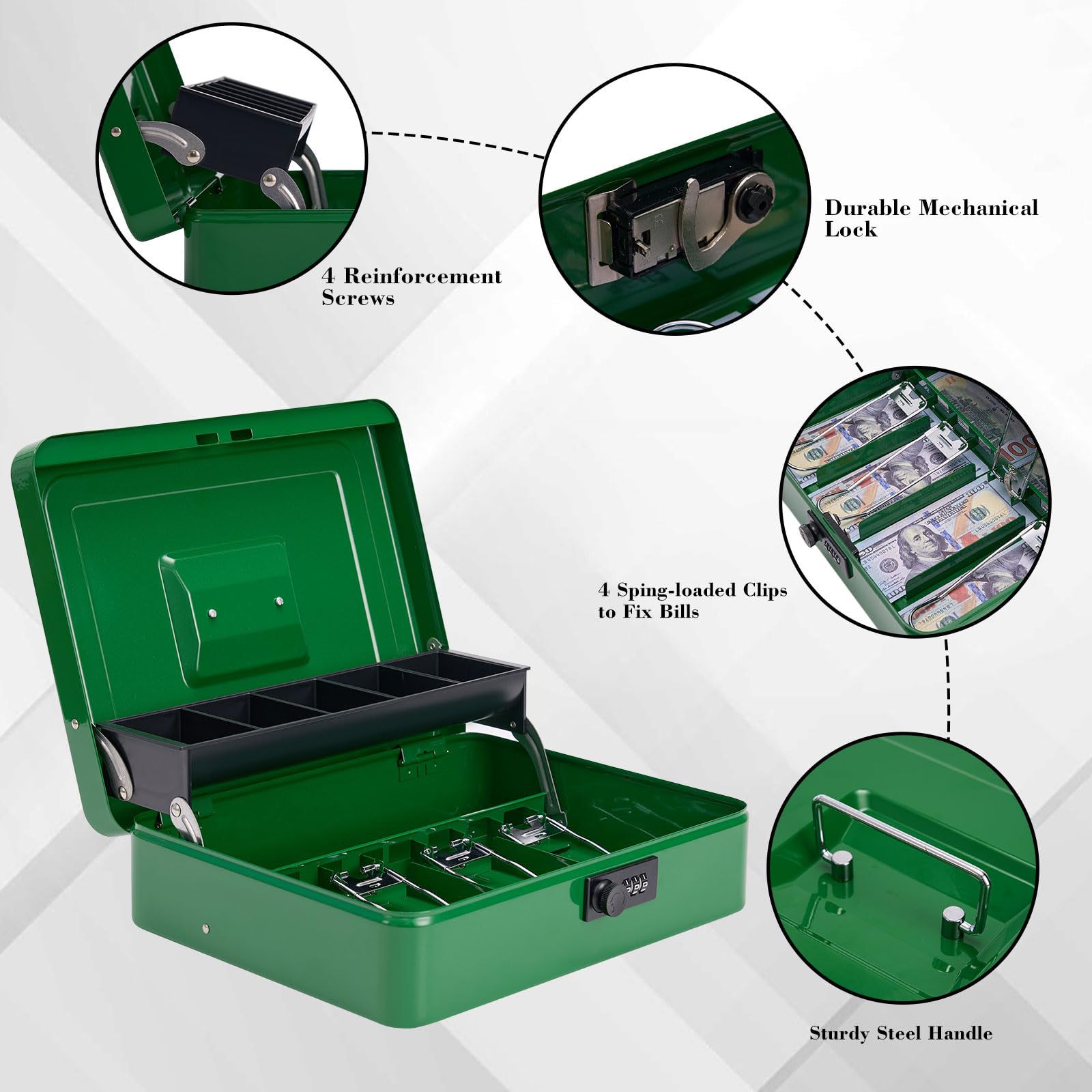 Large Cash Box with Key Lock - Durable Money Saving Organizer with 4 Bill & 5 Coin Slots, Cantilever Design - XL Green Locking Safe Box for Home, Office, Retail Store & Small Business Cash Management