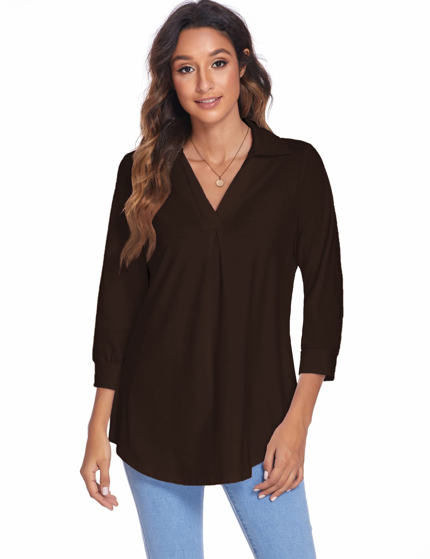 Newchoice Women's Collared V-Neck 3/4 Sleeve Blouse - Business Casual Tops, Loose Fit Work Shirts for Office & Everyday Wear (Sizes S-3XL) - Perfect for Office, Meetings & Smart Casual Outfits