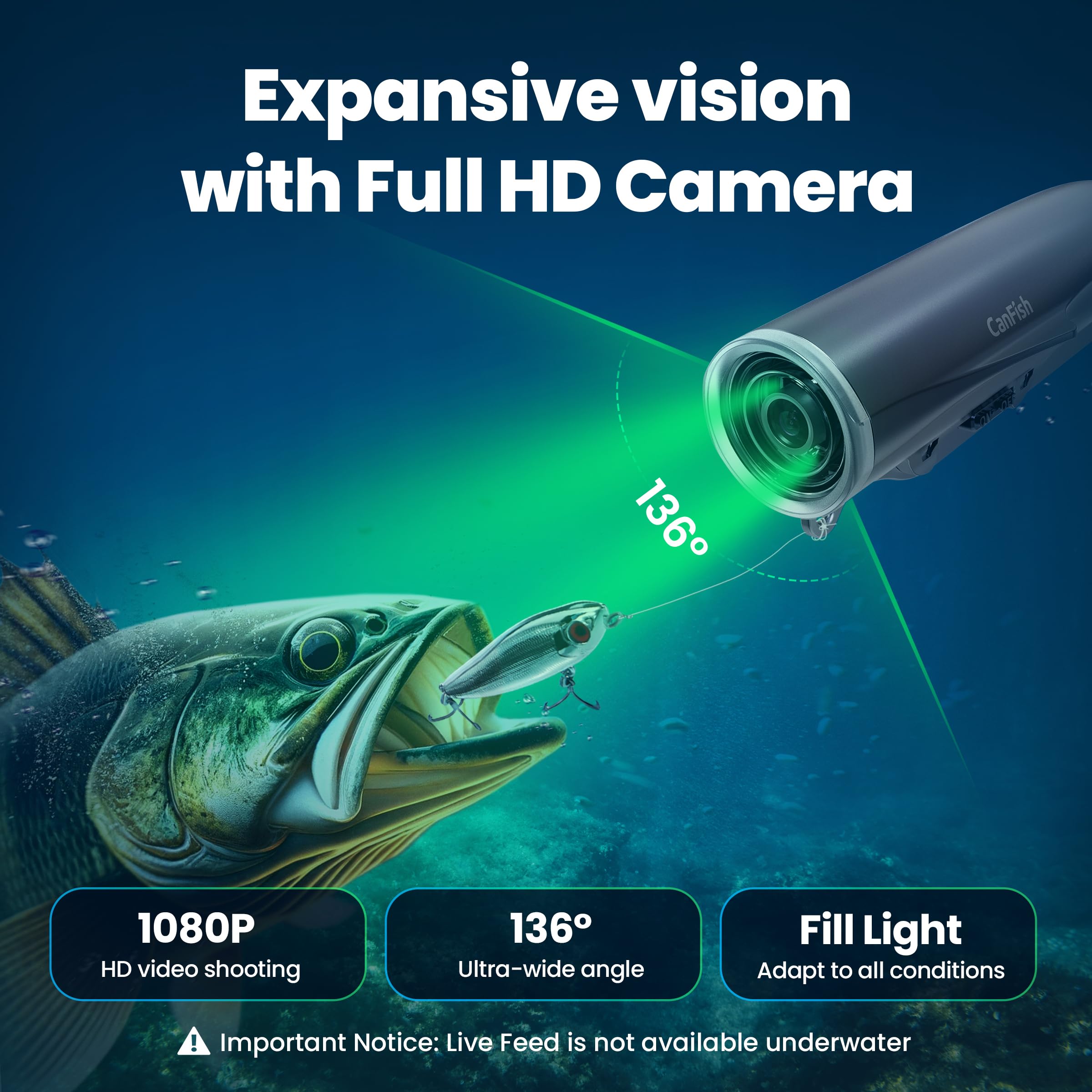 CamX Underwater Fishing Camera - HD 1080P, 136° Ultra-Wide Angle, 656FT Waterproof, Motion Detection, Smart Recording, Wireless Charging, iOS/Android App Compatible (Grey) - Perfect for Deep Sea Fishing, Ice Fishing, Scuba Diving & Underwater Exploration