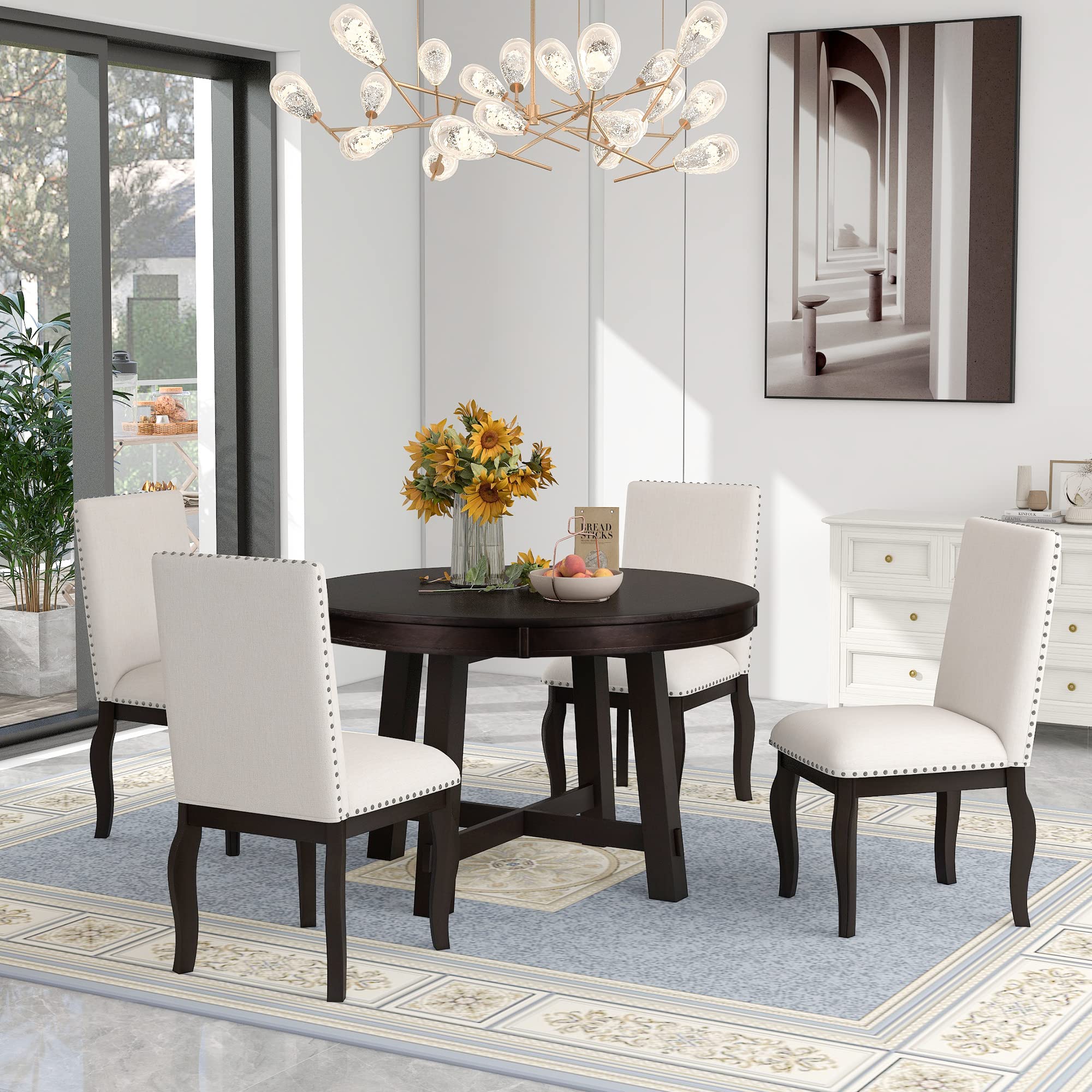 Quarte 5-Piece Farmhouse Dining Table Set - Extendable Wood Round Table & 4 Upholstered Chairs in Espresso - Perfect for Small Spaces & Family Gatherings