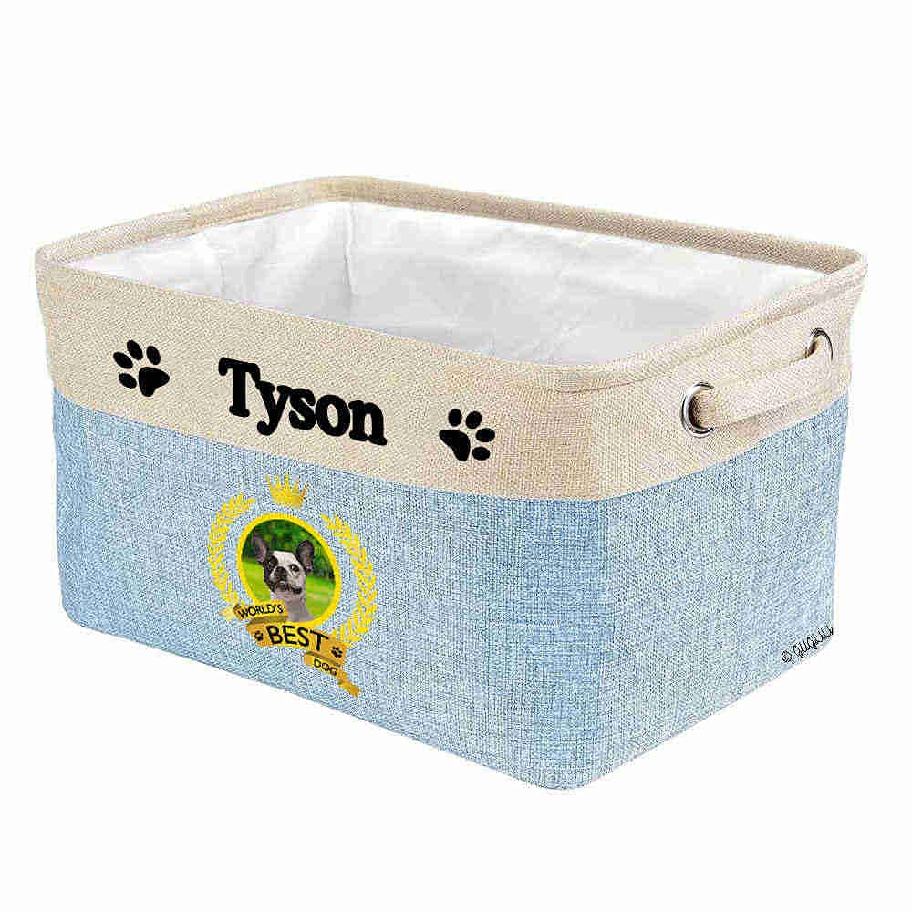 Custom Name Collapsible Dog Toy Storage Basket - Foldable Pet Toy Organizer with Handles for French Bulldog, Dog & Cat - Perfect for Bedroom, Closet & Home Organization (Blue)