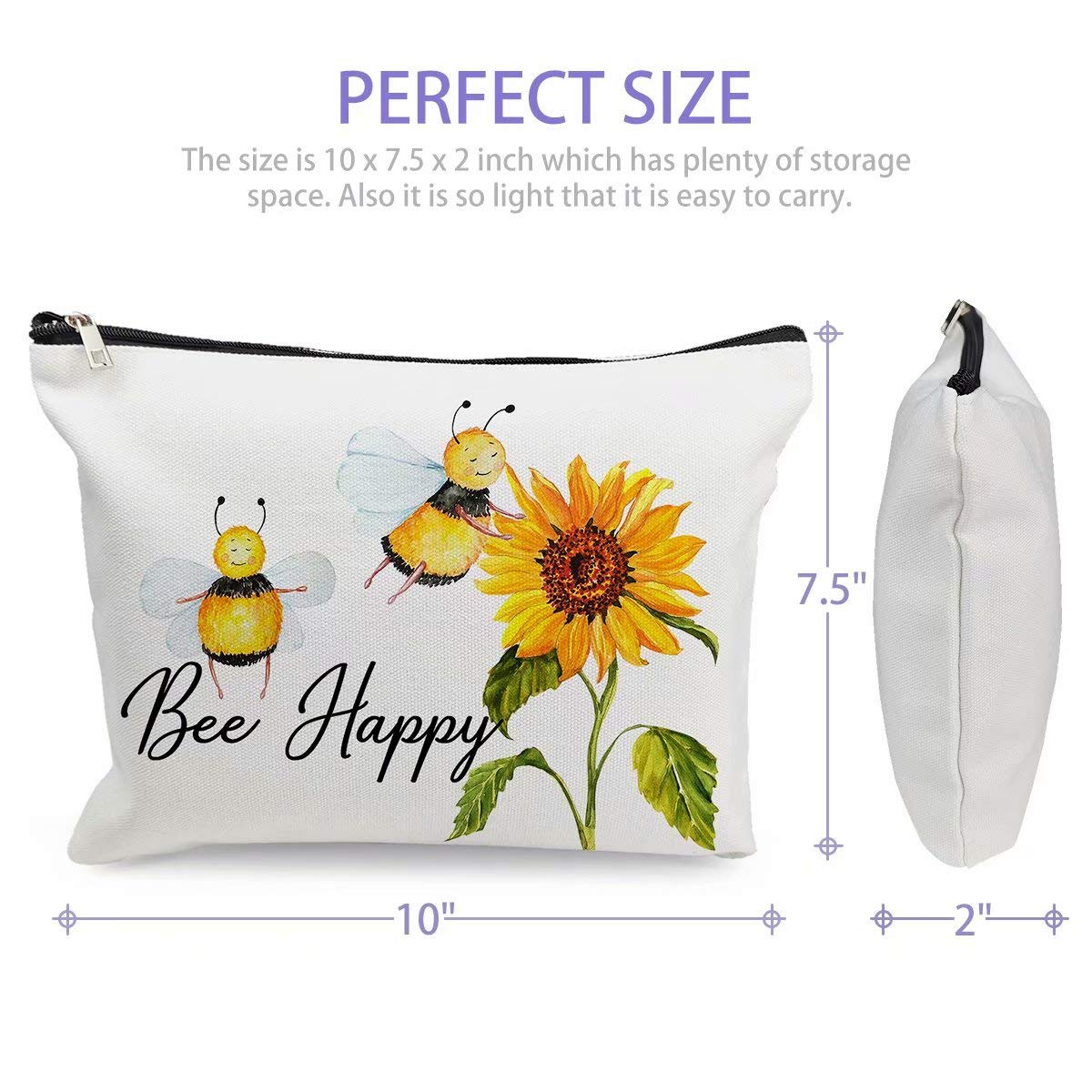 Funny Bee Happy Makeup Bag for Women - Cute Travel Cosmetic Pouch with Zipper - Perfect Toiletry Case for Bestie, Sister, Daughter - Great for Travel, Gifts & Daily Organizer
