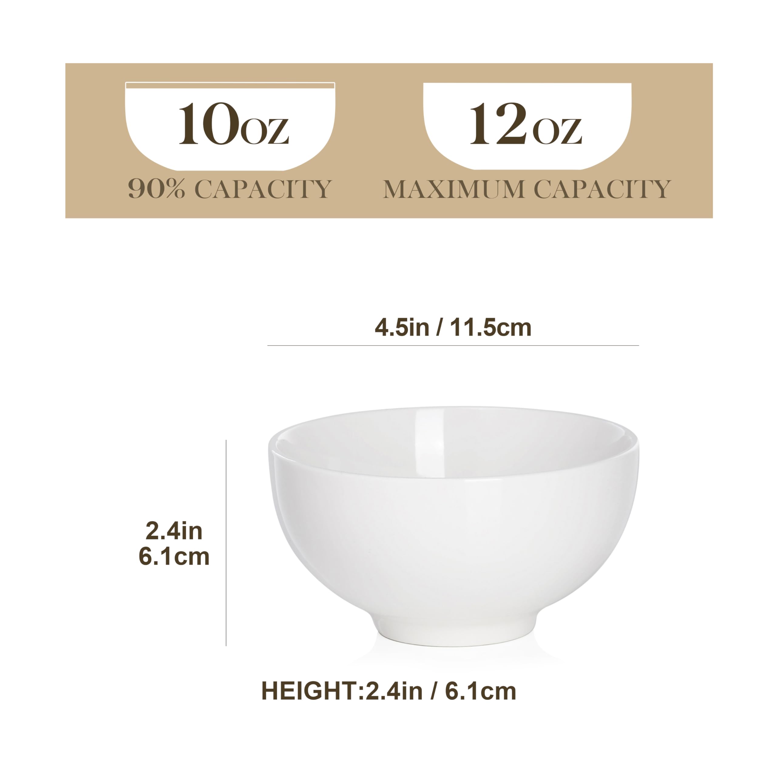 8-Pack 10oz White Porcelain Bowls - Dessert, Ice Cream & Snack Bowls for Kitchen, Dishwasher Safe