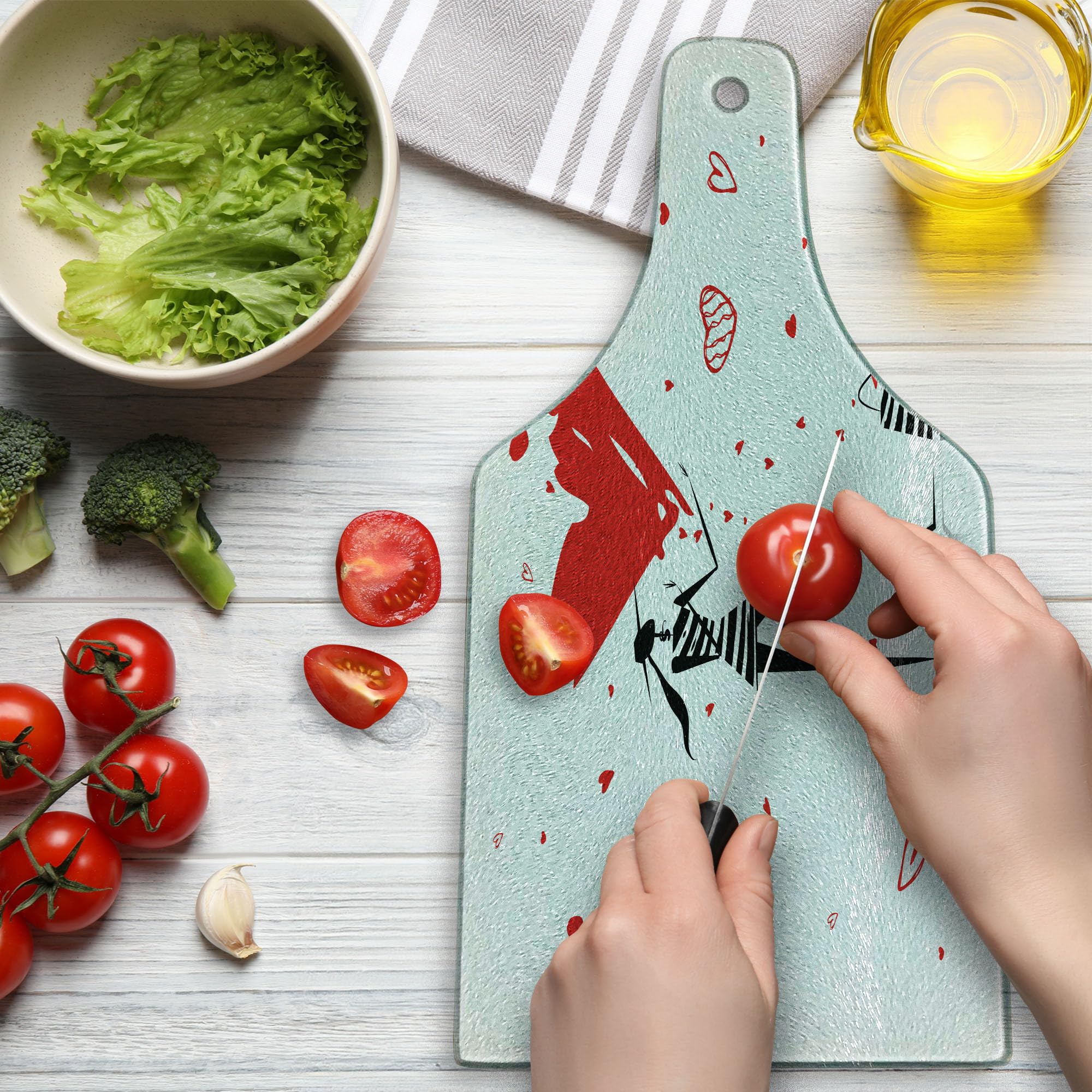 Lunarable Fashion Cutting Board - Urban Lady with High Heels & Giant Valentine's Day Heart Print - Decorative Tempered Glass Serving Board - Wine Bottle Shape in White, Black & Red - Perfect for Romantic Dinners, Valentine's Gifts & Kitchen Decor