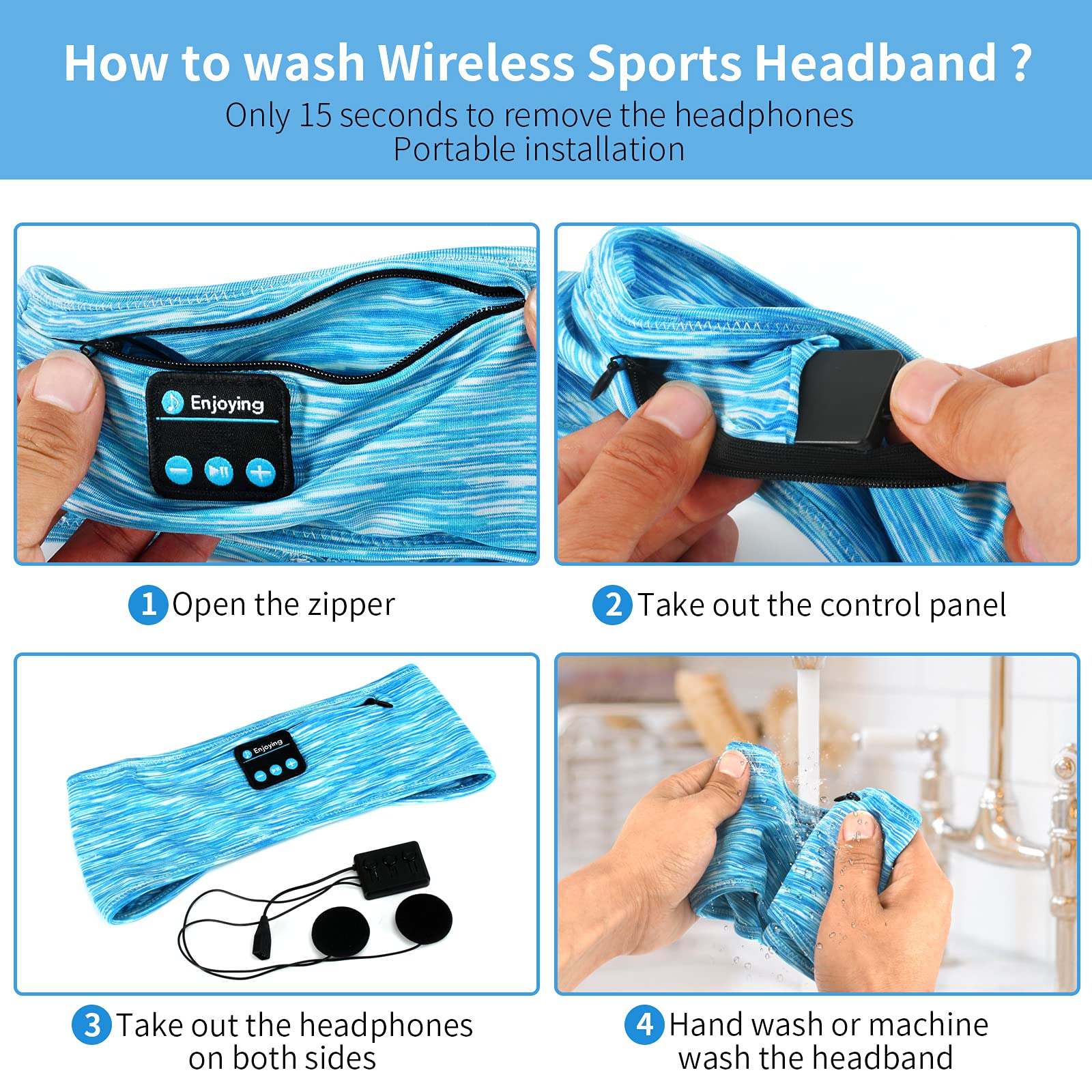 Wireless Sleep Headphones Headband with Zip Pocket - Ultra-Thin HD Stereo Speakers for Side Sleepers | Bluetooth Sports Headphones for Running, Yoga, Meditation & Relaxation (Blue) - Perfect for Nighttime Comfort & Workout Sessions