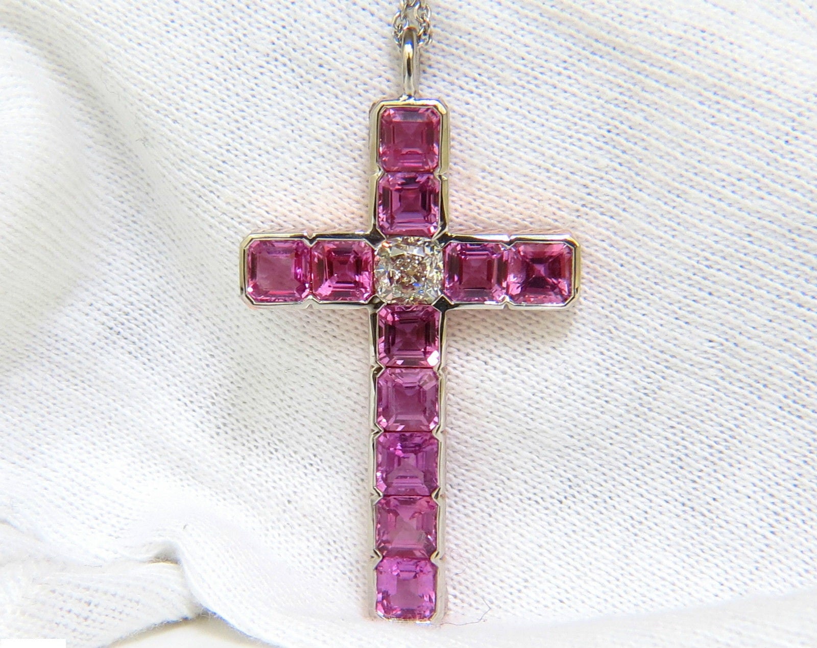 18KT Gold GIA Certified 10.41CT Natural Pink Sapphire Diamond Cross Pendant Necklace - Elegant Jewelry for Weddings, Anniversaries & Special Occasions