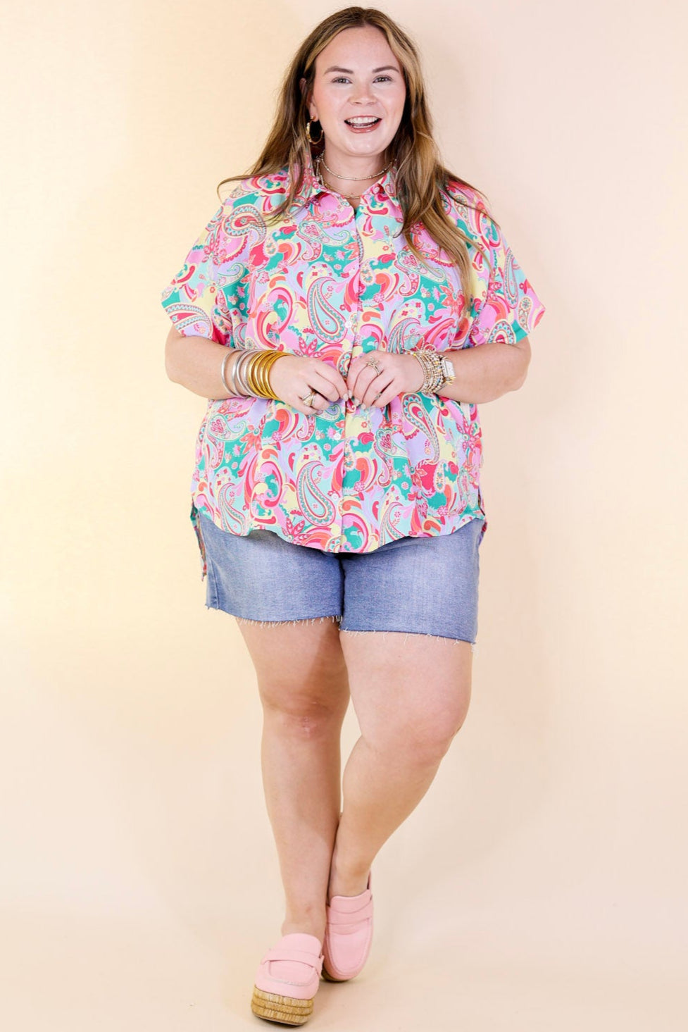 Stylish Emerald Green & Pink Paisley Print Button Up Shirt for Women - Perfect for Casual Outings, Travel & Outdoor Adventures