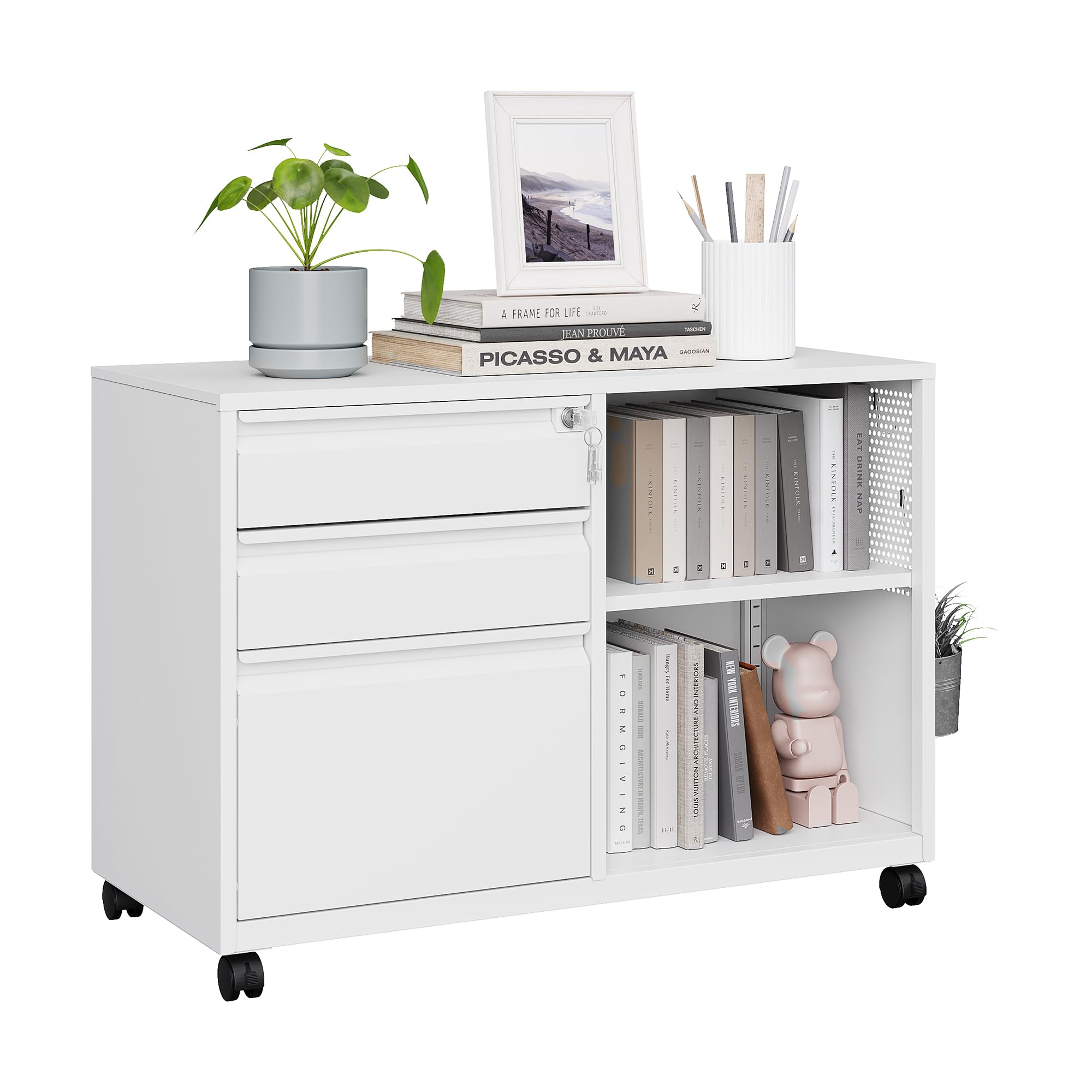 MIIIKO 3 Drawer Metal File Cabinet with Lock & Shelf - White Rolling Storage Cabinet for Home & Office, A4 Letter Legal File Folders Organizer, Printer Stand with Casters | Perfect for Document Storage, Office Organization & Workspace Efficiency